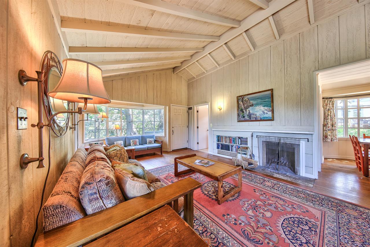 Living Room with TV, Wood Burning Fireplace and Vaulted Ceiling