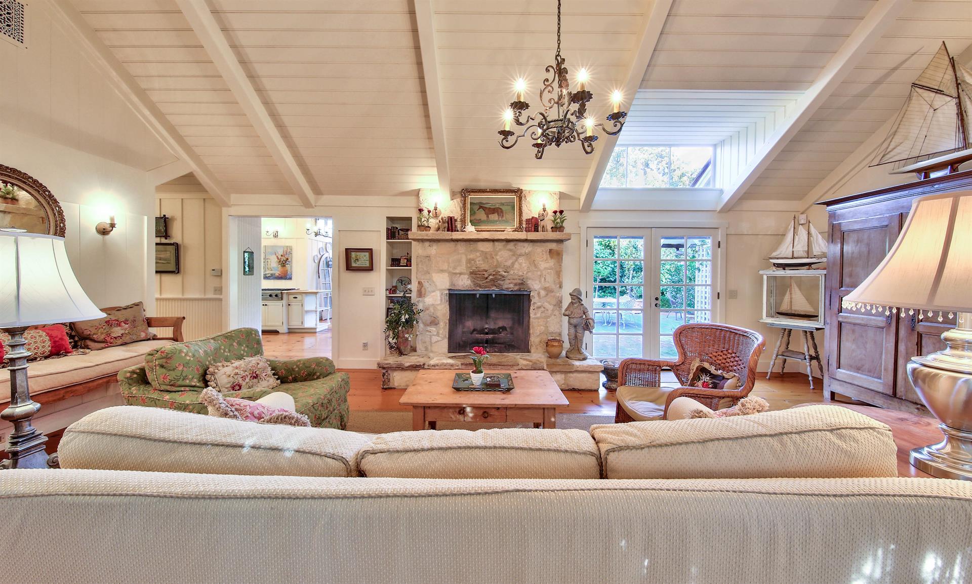 Pine Floors, Skylights, Open Beam Vaulted Ceiling, French Doors