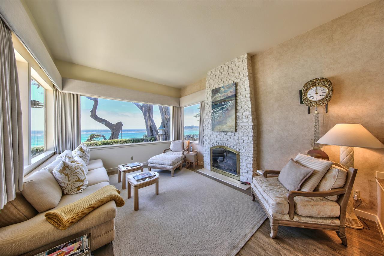 Comfortable Ocean View Living Room with Gas Fireplace