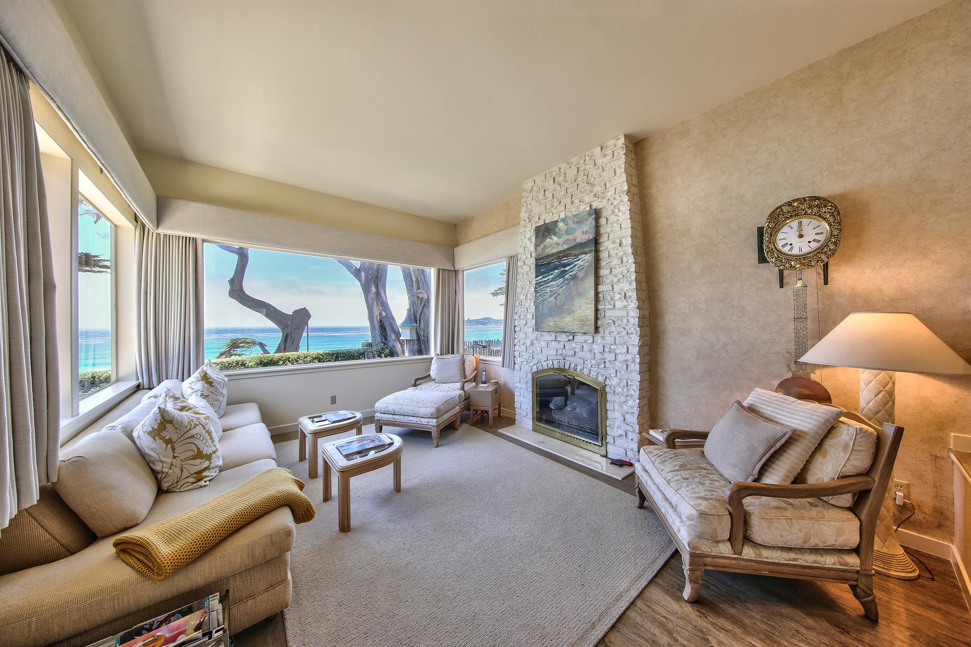 Comfortable Ocean View Living Room with Gas Fireplace
