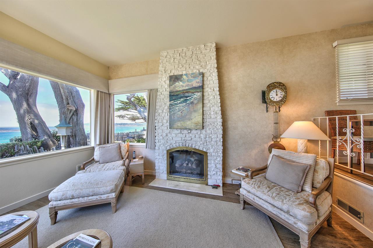 Comfortable Ocean View Living Room with Gas Fireplace