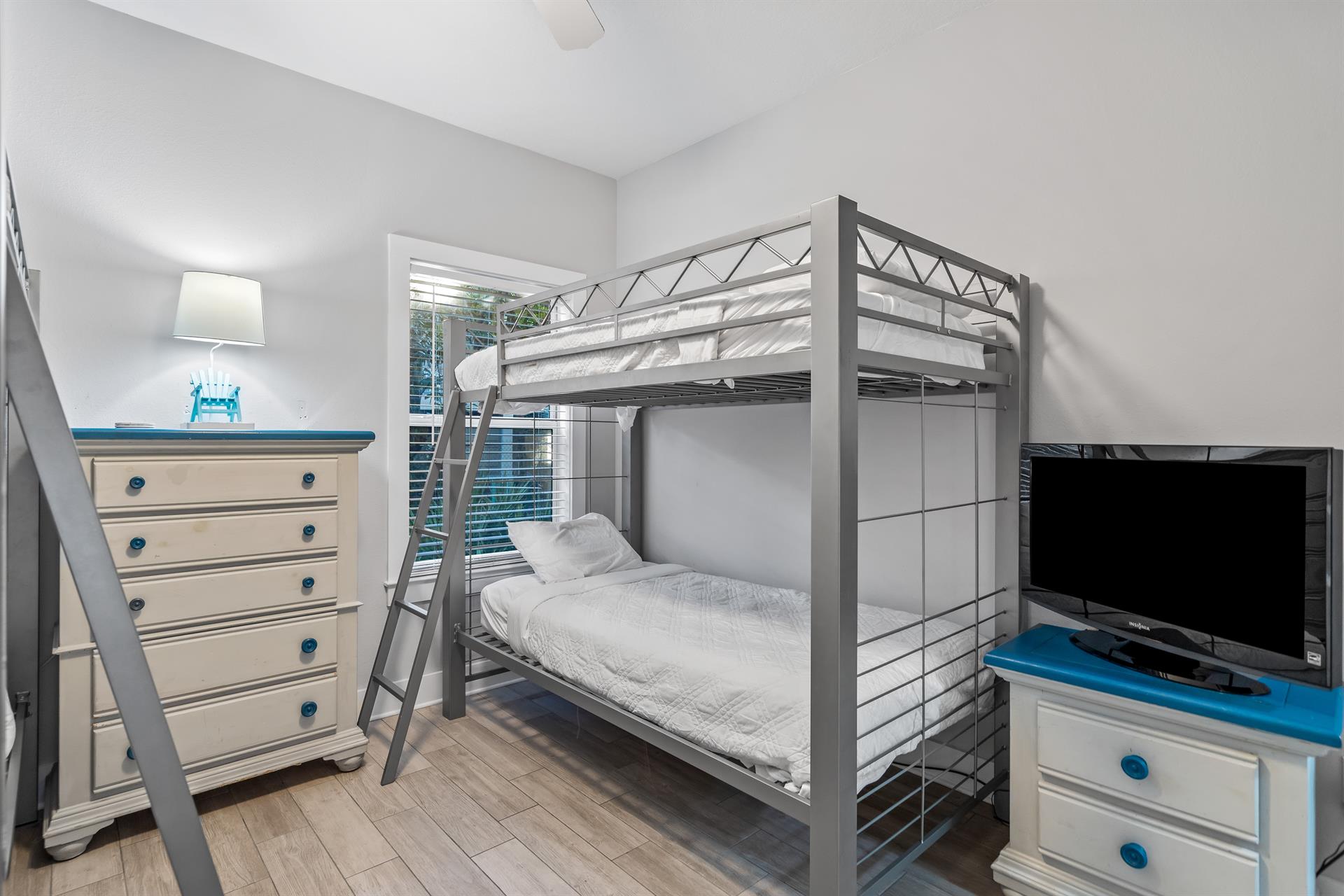 First floor bunk bedroom with 2 sets of twin over twin beds  a 31 tv with cable.