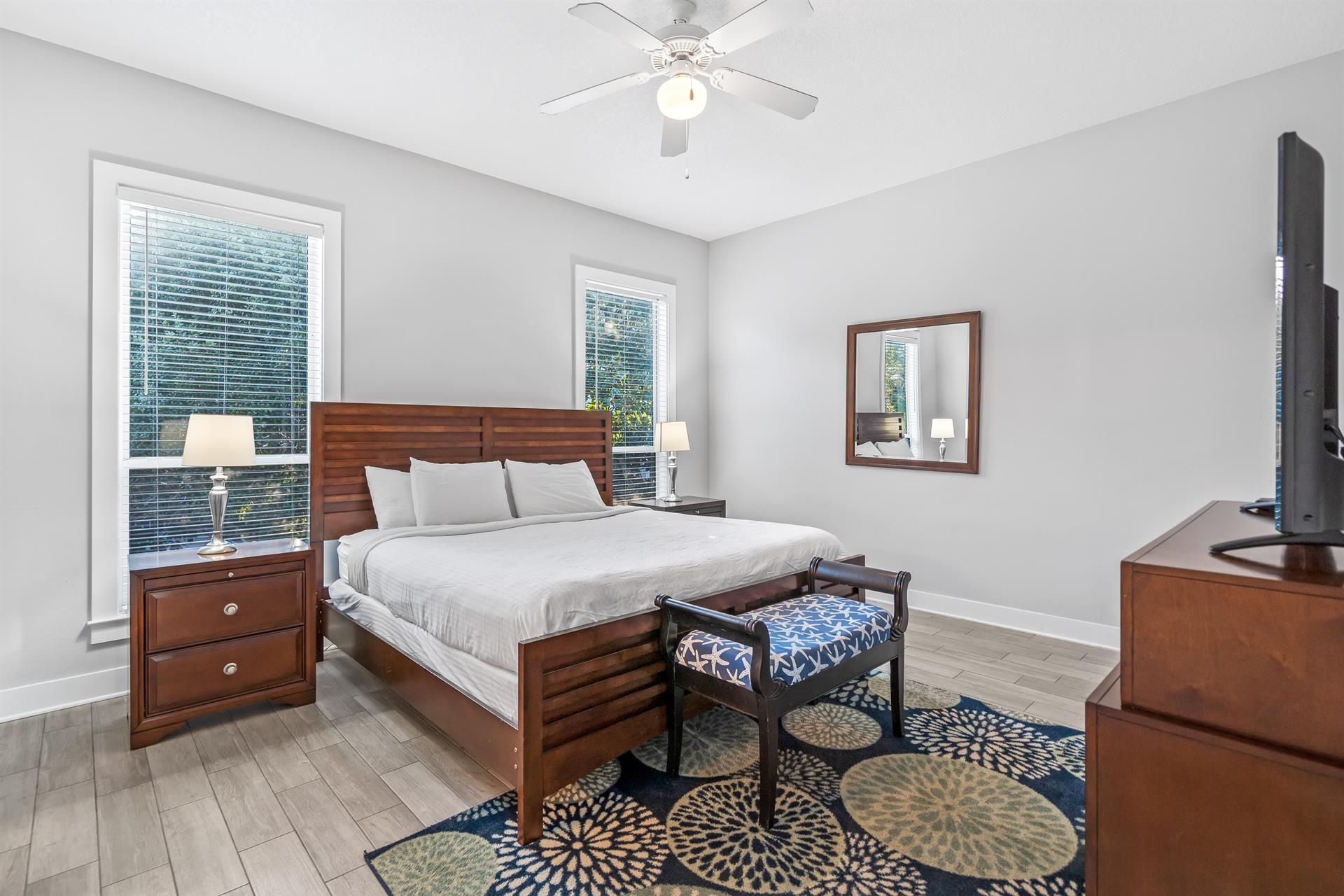 Second floor primary bedroom with ensuite bathroom  50 Smart TV with cable.