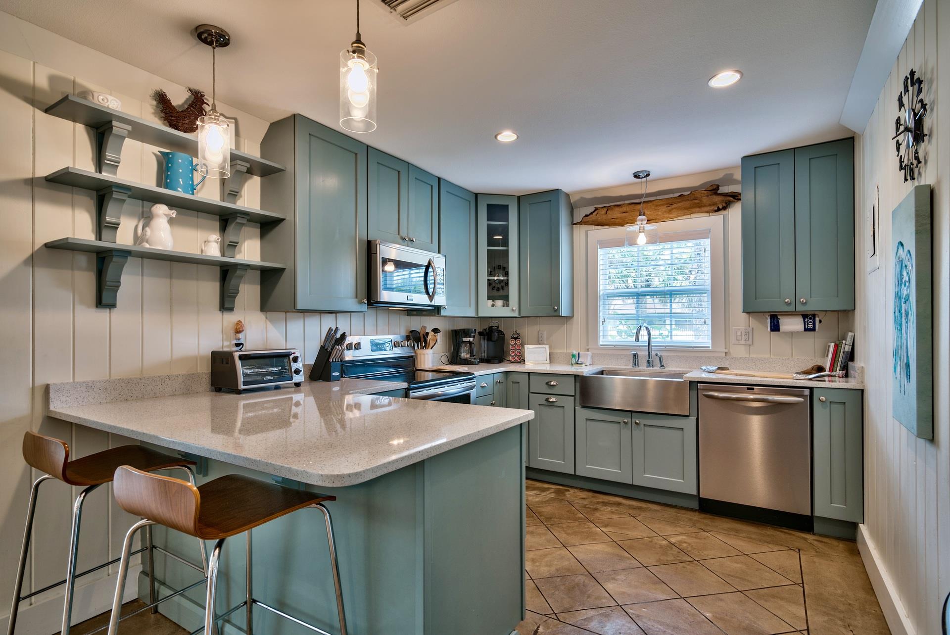 Fully Stocked Kitchen with Stainless Steel Appliances, Cambria Quartz Countertops,  Cookware  Kitchenware,  Breakfast Bar