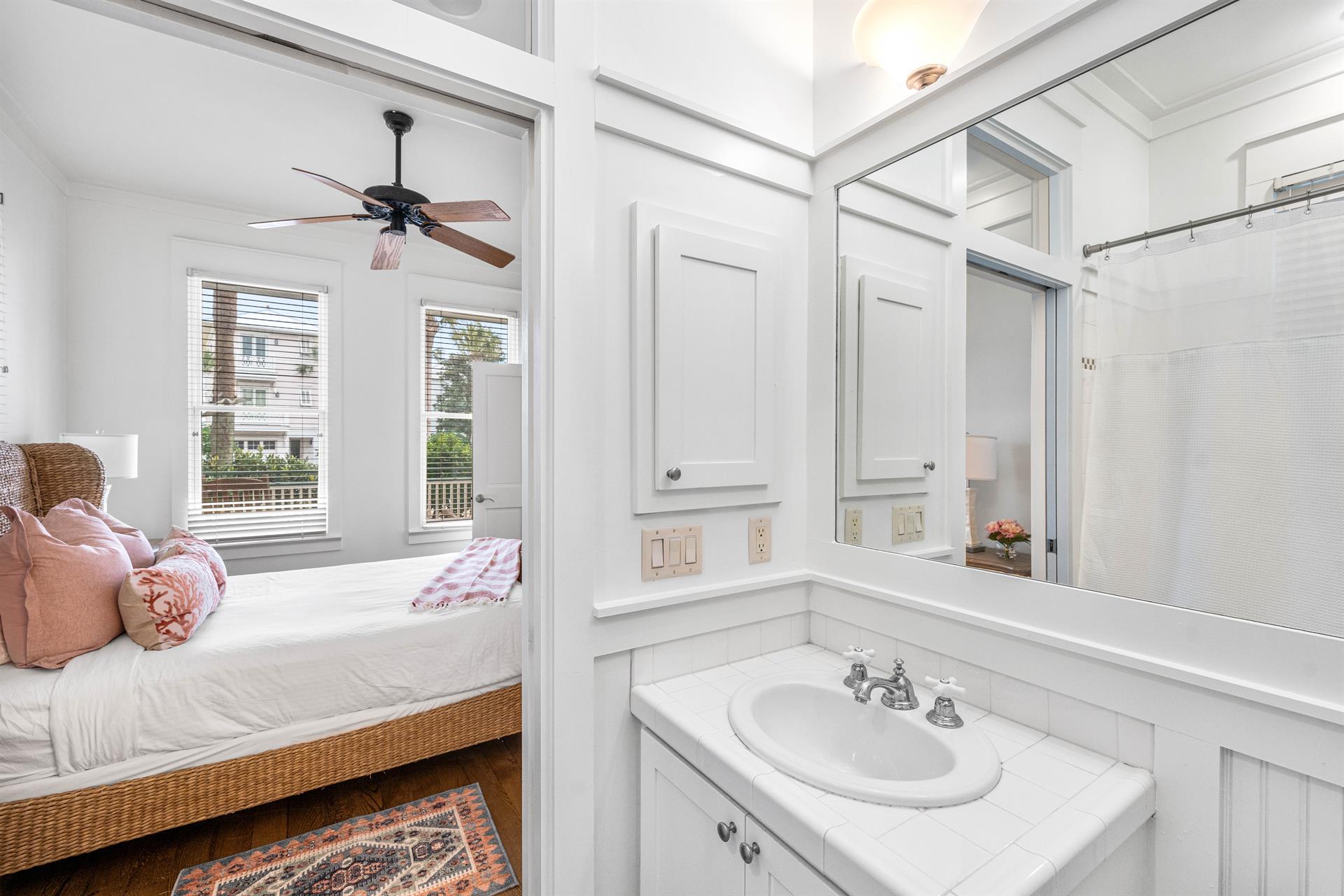 1st Floor Bedroom with Queen Bed, 32 YouTube TV, and Full Bathroom with BathtubShower Combination.