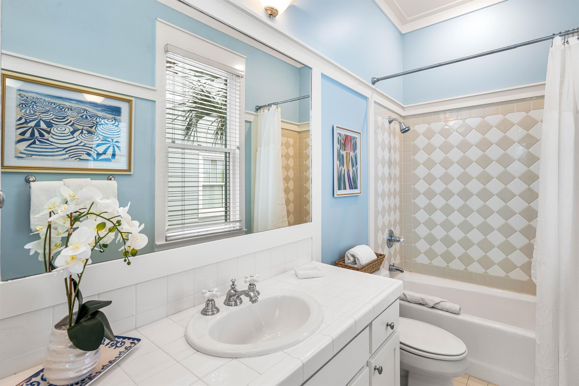 2nd Floor Ensuite Bathroom for the 2nd Floor  Bedroom with King Bed, 32YouTube TV inside the Armoire, with Access to the Outdoor Balcony facing the Gulf.