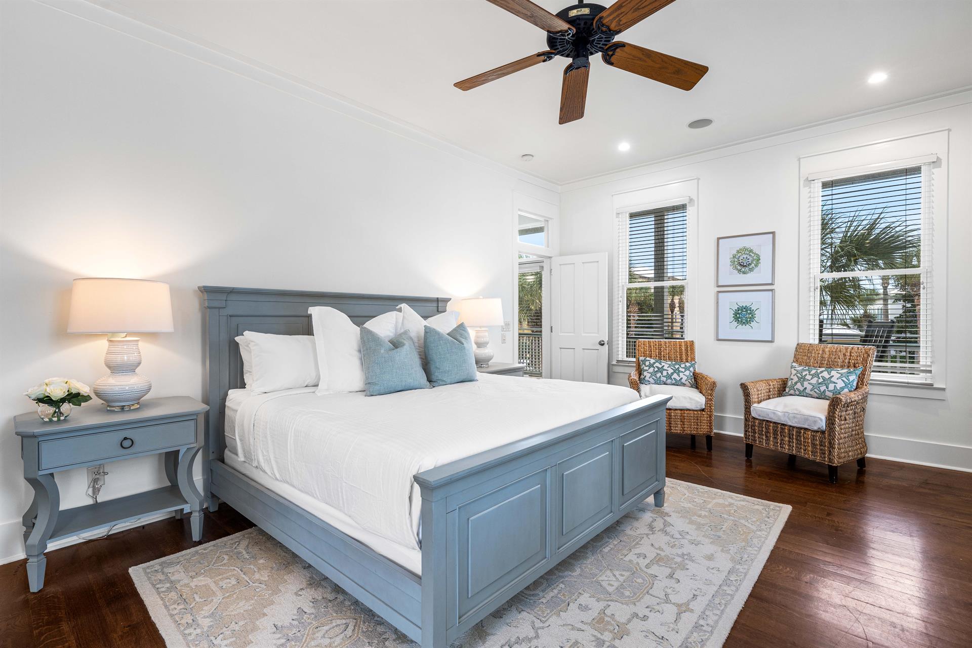 2nd Floor Primary Bedroom with King Bed, 40 YouTube TV, Desk, Walkin Closet, Ensuite Full Bathroom with Separate Soaking Tub, Walkin Shower, Double Vanities,  Access to the Covered Balcony with Bistro Tables.