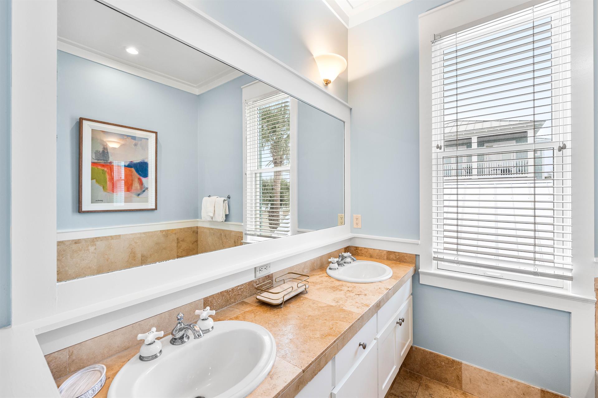 Primary Ensuite Bathroom for the King Bedroom has Soaking Tub, WalkIn Shower, Double Vanities,  Water Closet.