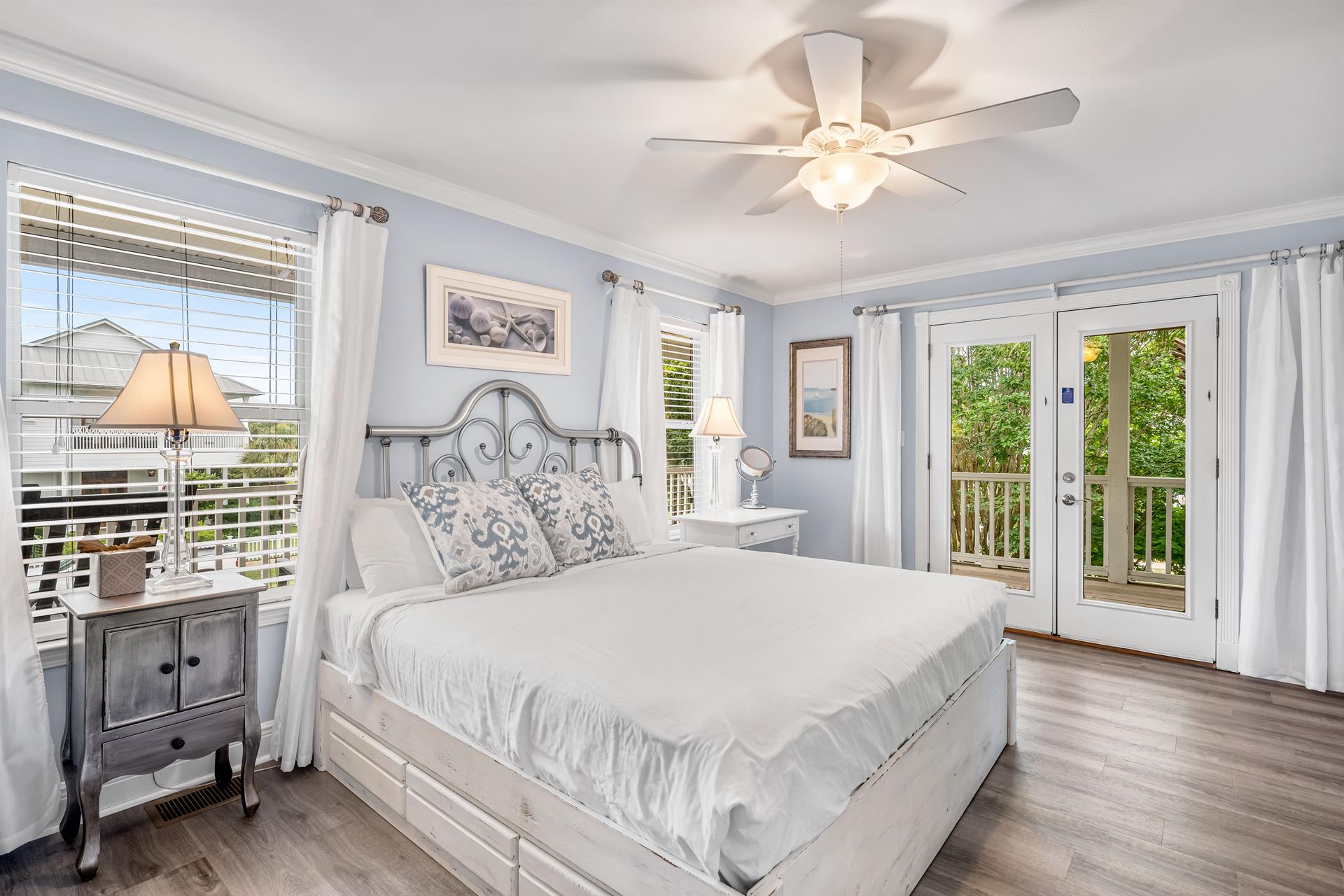 2nd floor King Bedroom 3 is the primary bedroom suite on the second floor with 42 smart tv, balcony access and ensuite bathroom.  Bonus minirefrigerator with coffee setup.