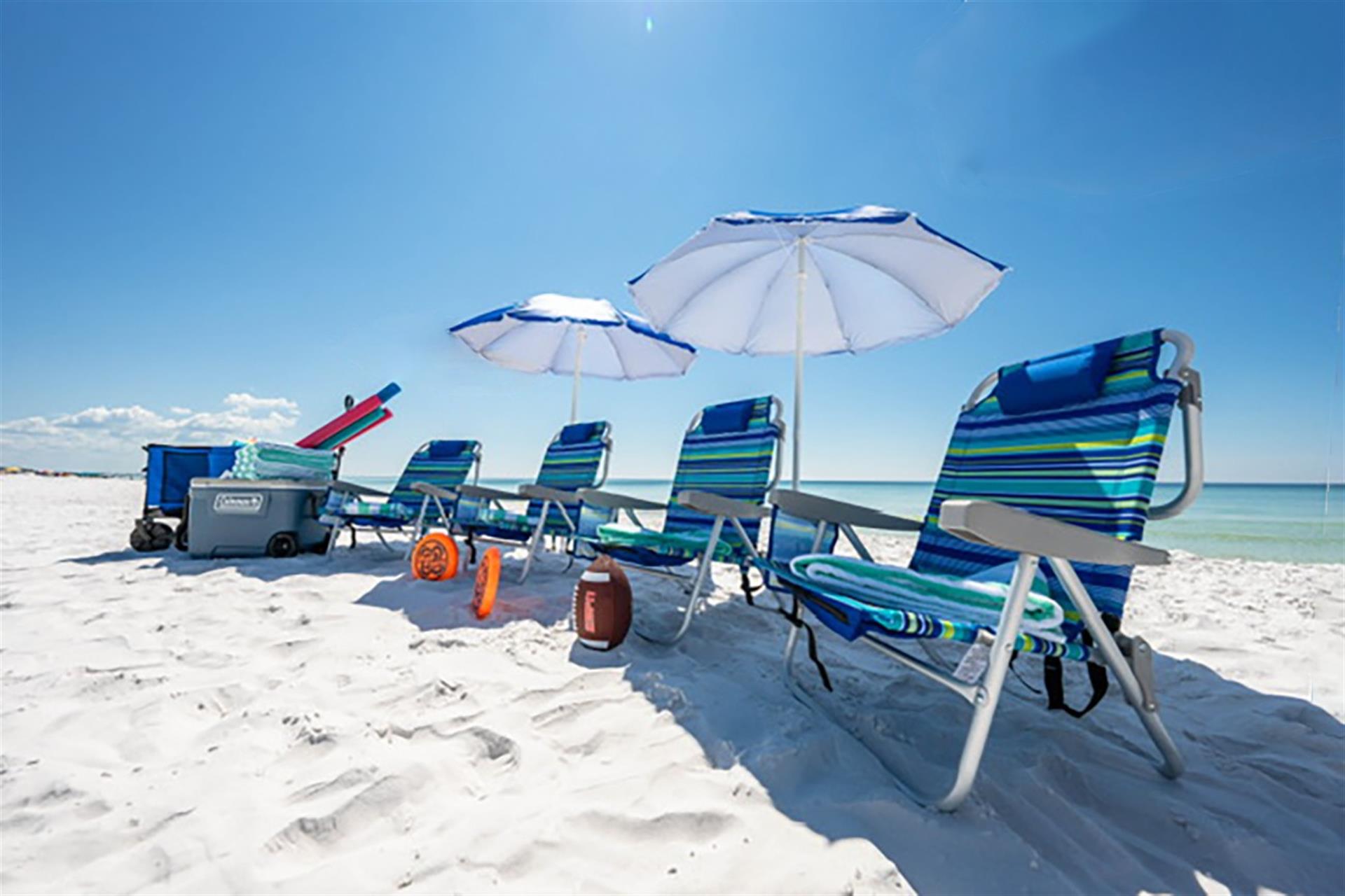 4 Beach Chairs and 2 Umbrellas Are In This Home For You We Have Also Included a Beach Wagon, 62 Quart Beach Cooler and other Beach Gear