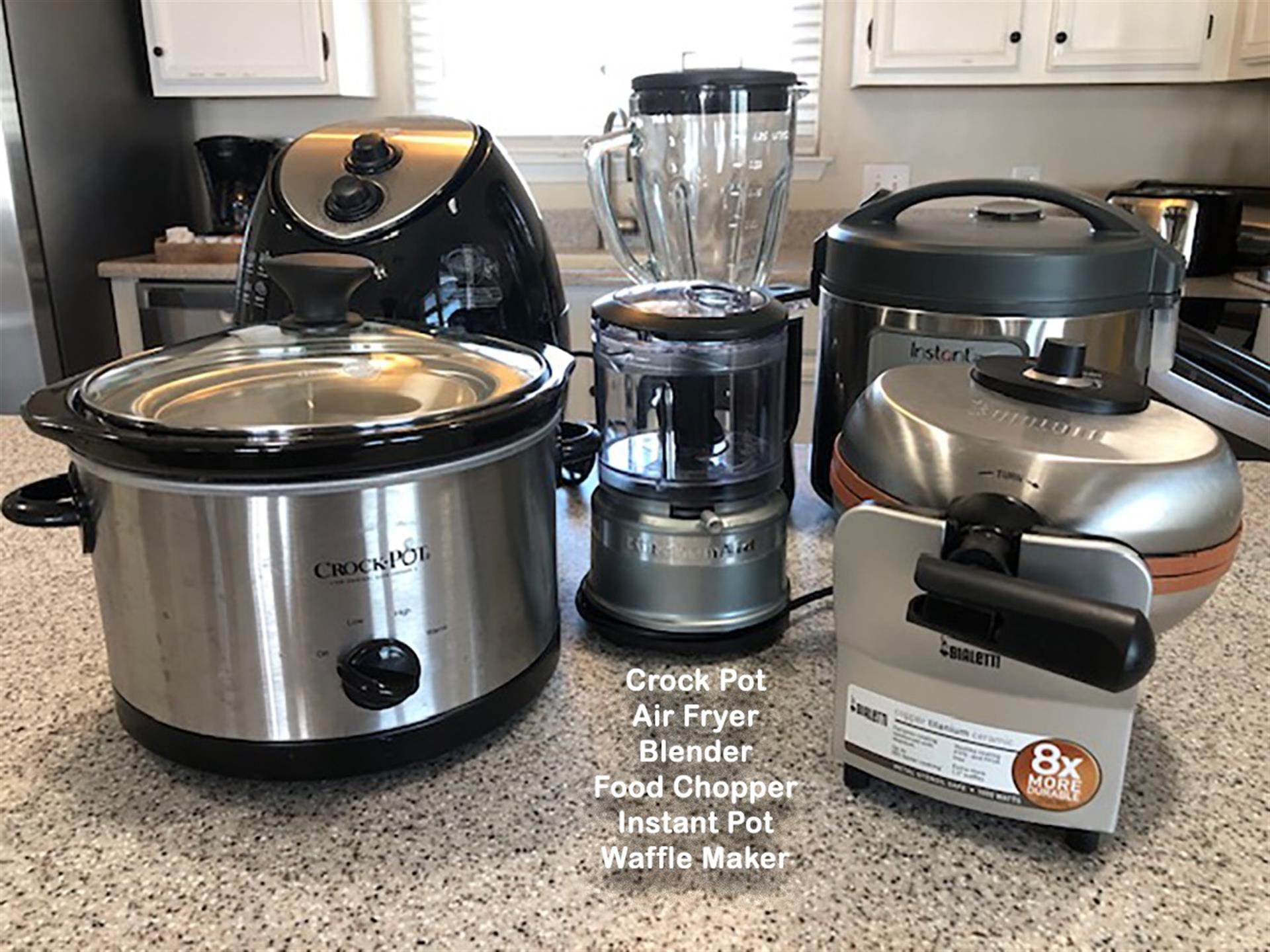 Crock  pot, air fryer, blender, toaster, food chopper, instant pot  waffle maker plus all the cookware you need