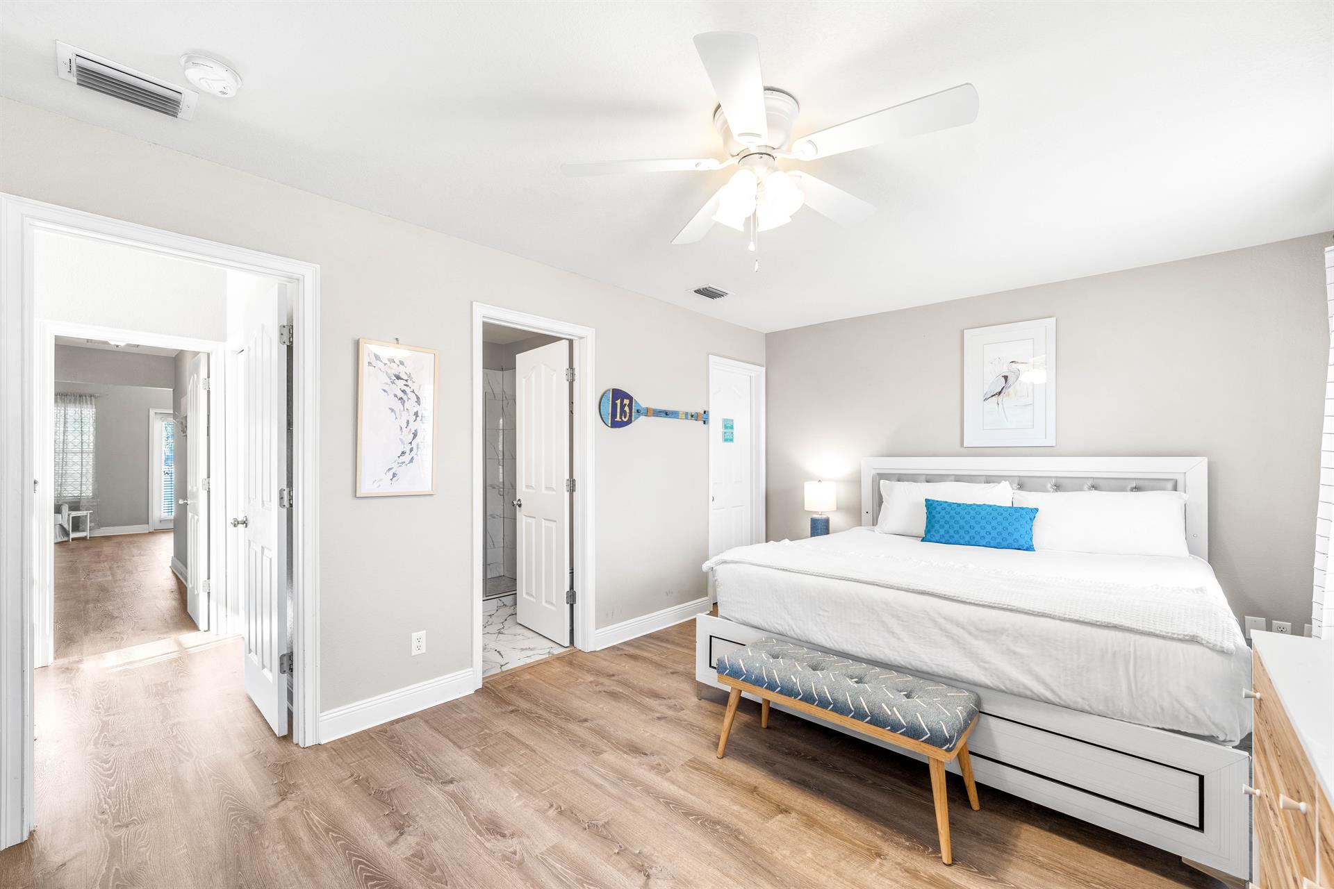 2nd Floor Guest King Bedroom with Double Twin Trundle Bed and Private Bath is separated from the primary bedroom by a hallway.
