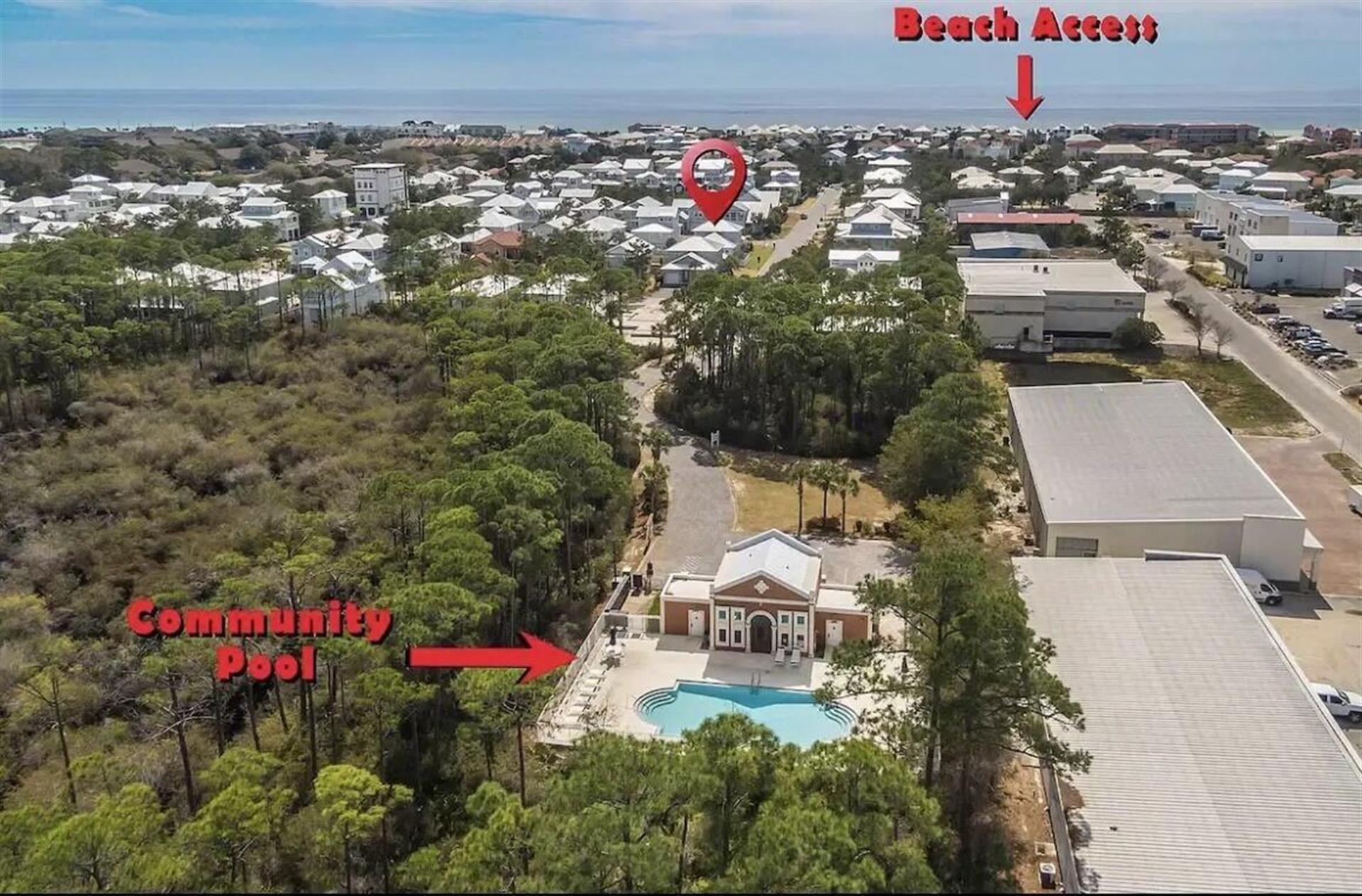 Walk, drive, bike or go by golf cart to the community pool with plenty of chaise lounge chairs, dining tables  restrooms.  Located on Charlotte Avenue.