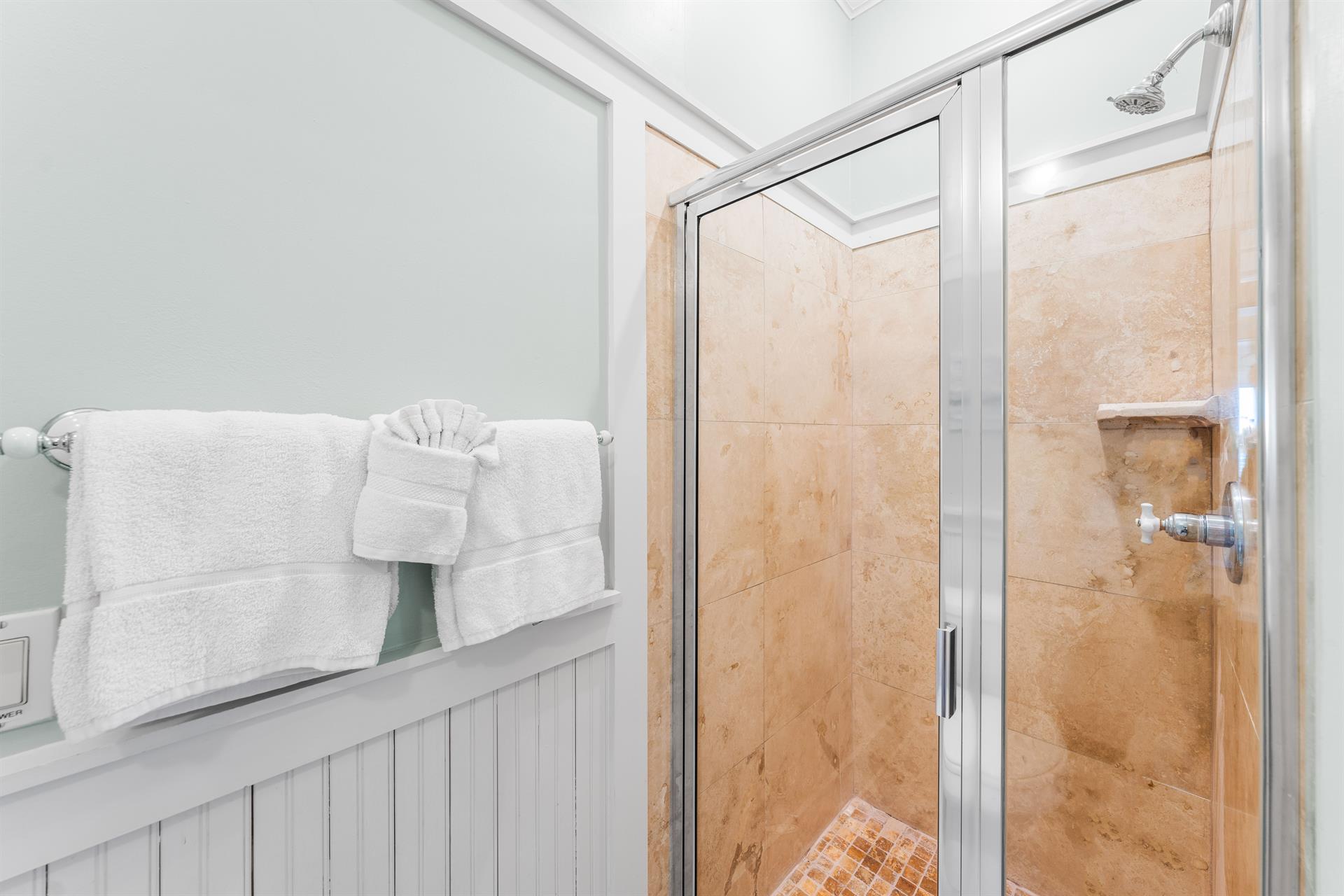 Natural stone walkin shower in this 2nd floor ensuite bathroom