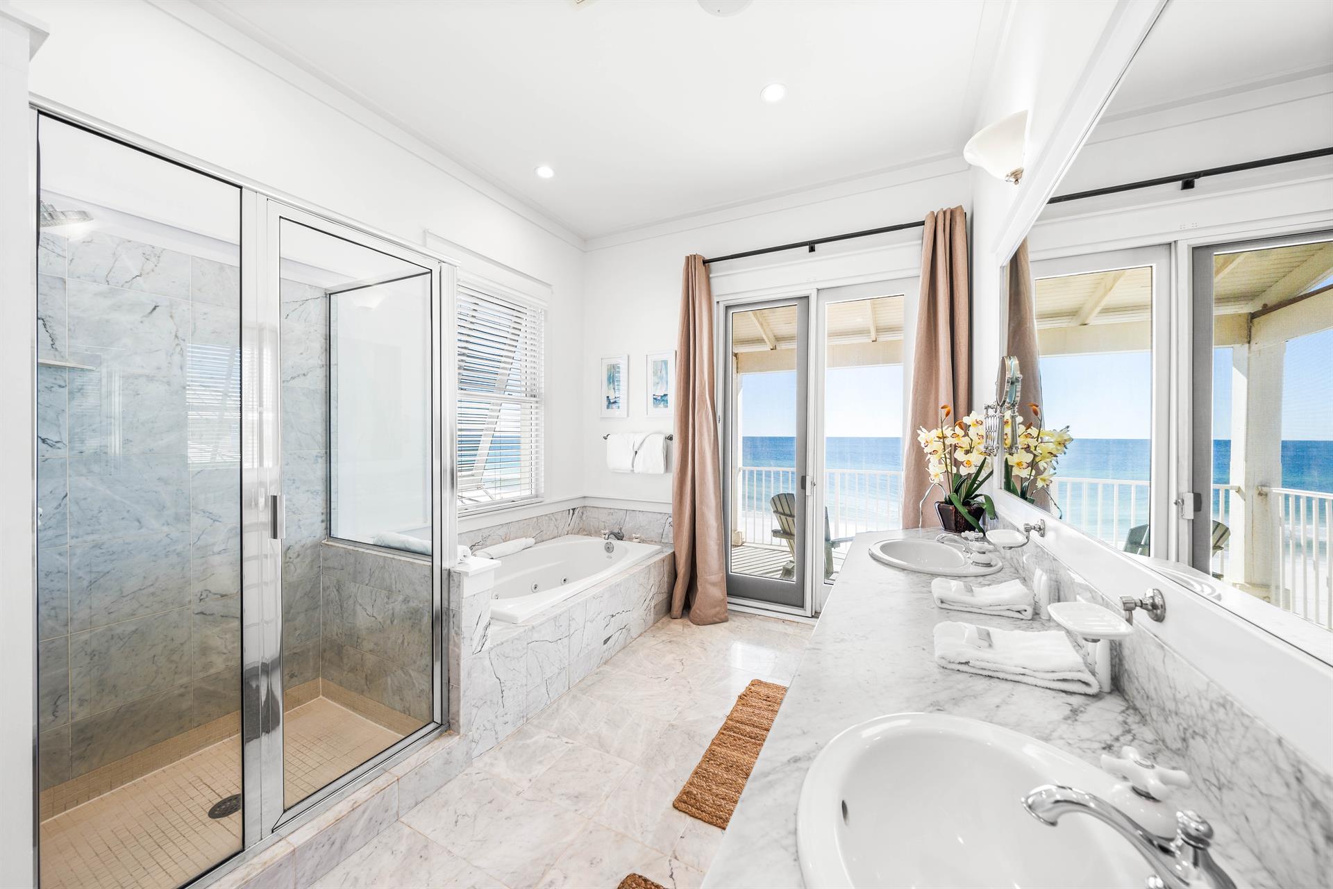 Walkin shower, jetted tub, two sinks, marble vanity and one stunning view   This is your primary ensuite bathroom on the 3rd floor