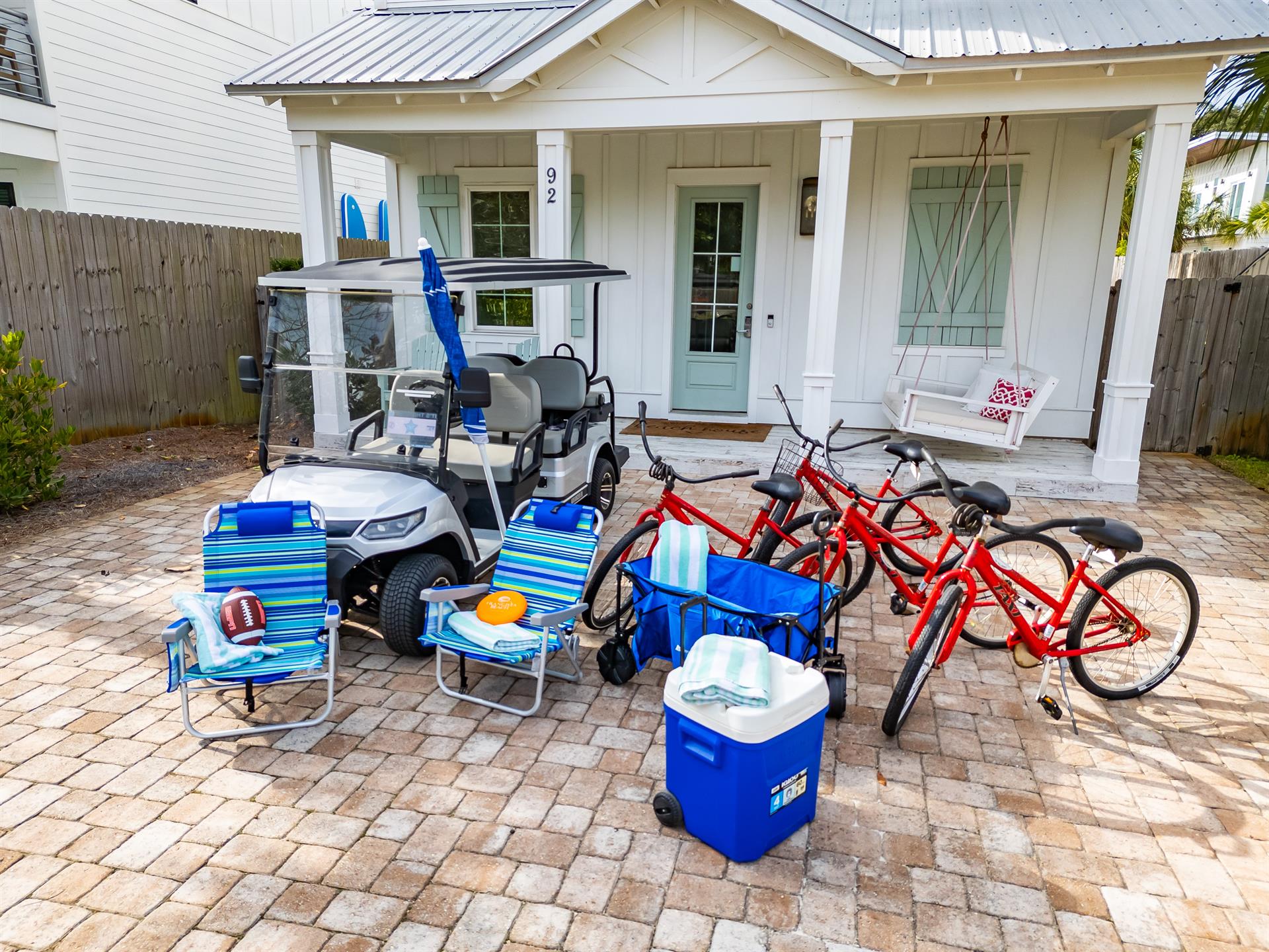 6 Seat Golf Cart and Beach Gear Galore Including Beach Wagon, Beach Cooler, 6 Beach Chairs, 3 Umbrellas, Football and Frisbee