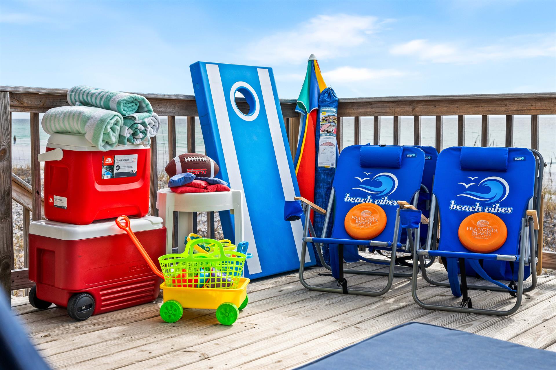 FUN DAY ESSENTIALS  4 extra beach chairs, umbrellas, 2 coolers, sand toys for the kiddos, frisbees, football  fullsize corn hole game