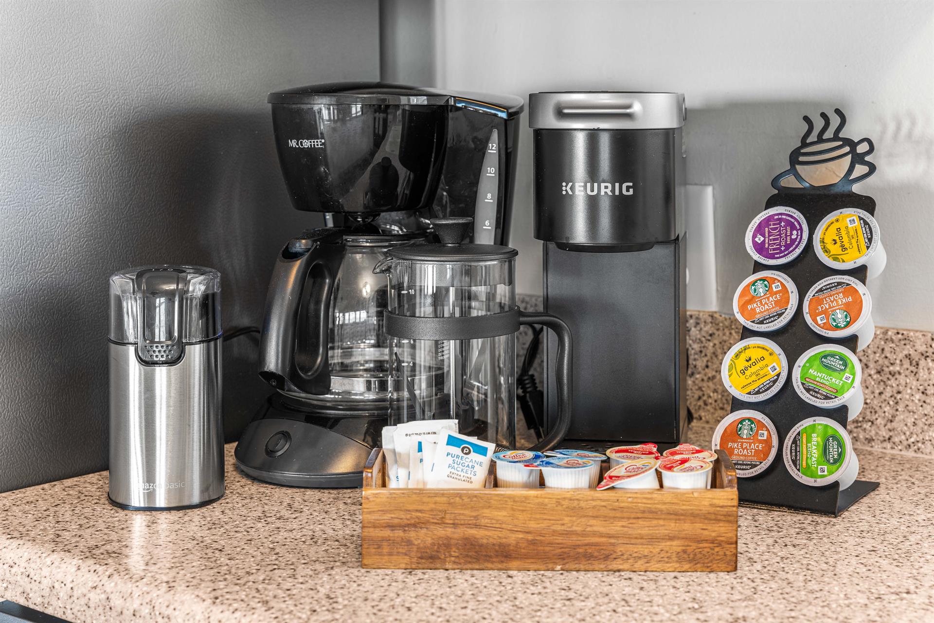 Start every beach day with the perfect cup of coffee. Keurig  drip coffeemakers, French Press, Bean Grinder.