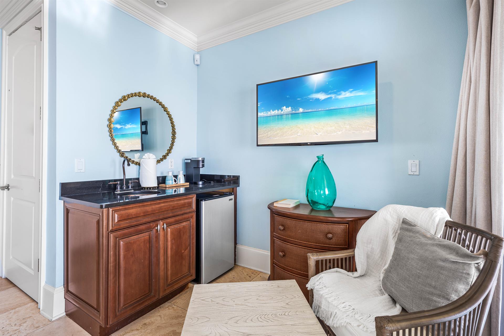 First floor king bedroom with wet bar, beverage cooler and Keurig coffee setup
