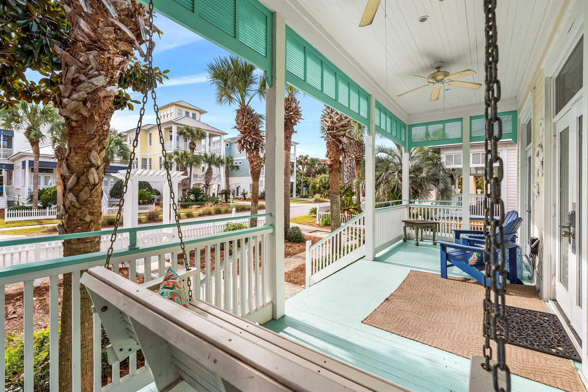 Gather outside and unwind in Sea Blessings front porch swing.