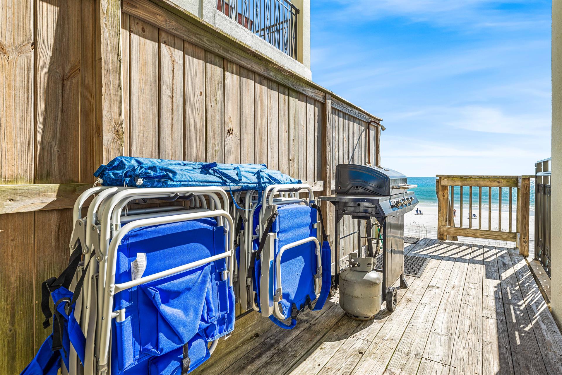 MORE VACAY ESSENTIALS  lightweight beach chairs, umbrellas, gas grill with propane refills available, and an outdoor shower  This also provides a secondary access to the beach