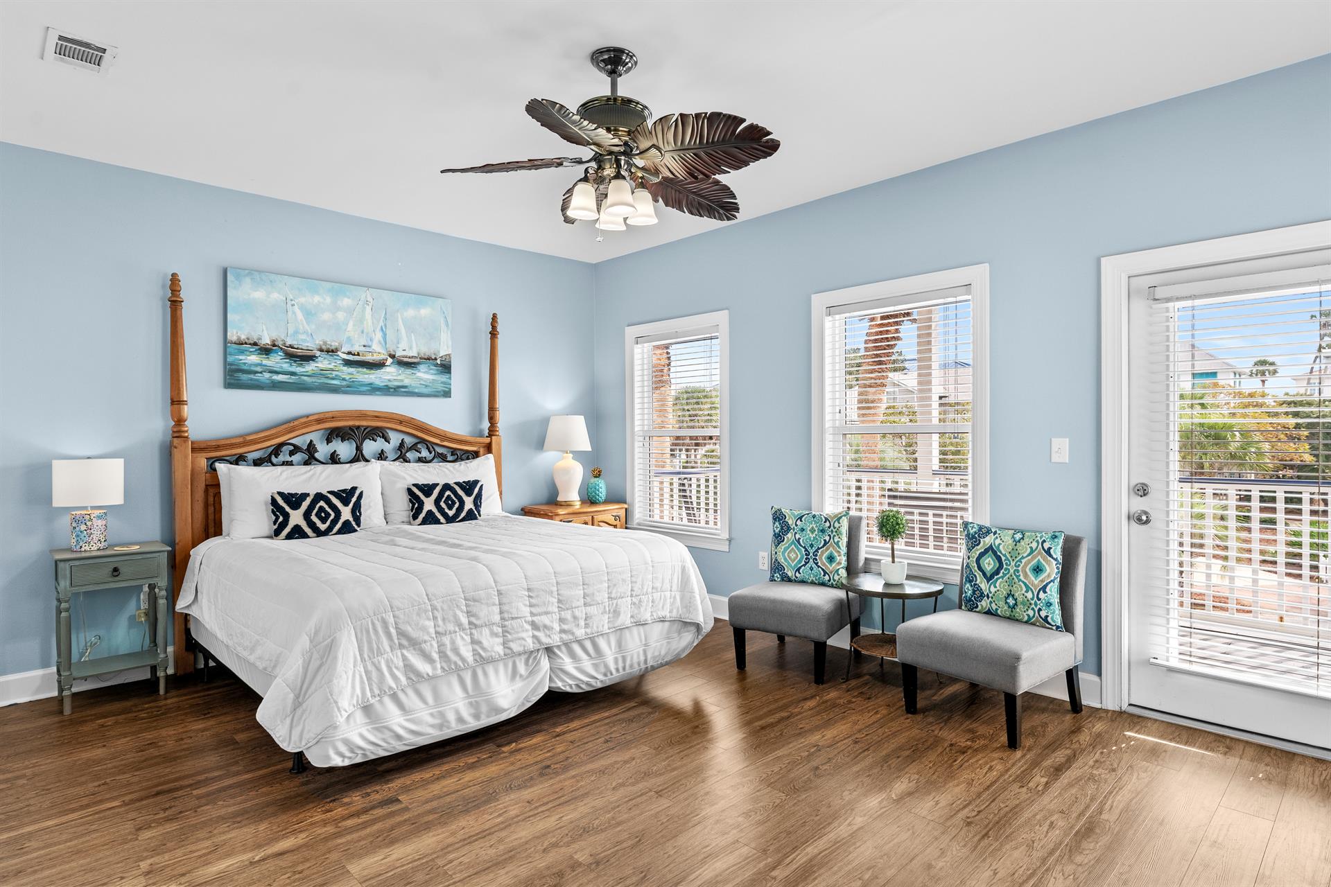 Second floor Primary Bedroom with seating and Private Balcony Access
