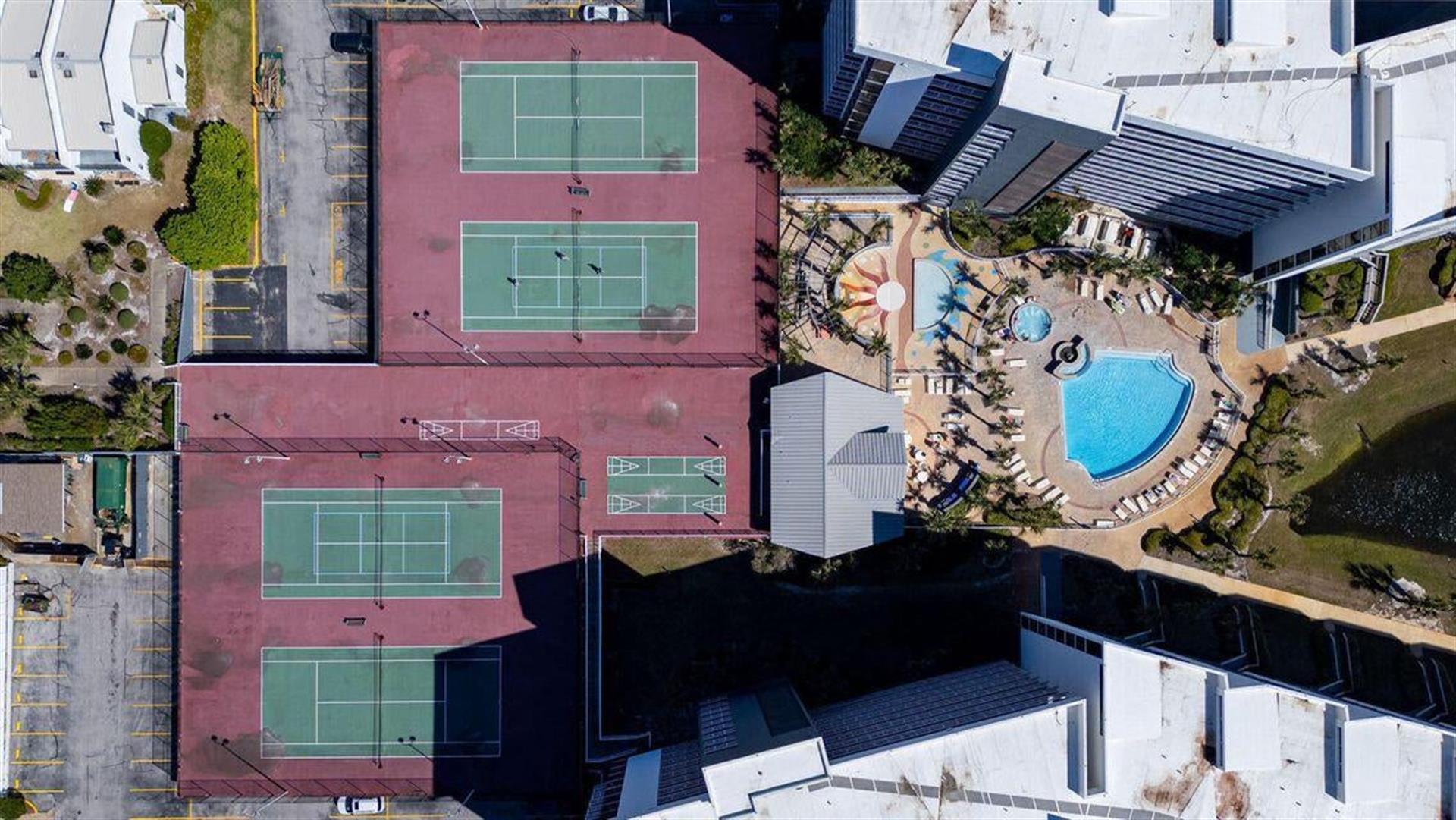 Arial view of tennis courts, please be aware the tennis courts will be closed for resurfacing April  August 2025, we apologize for any inconvenience.