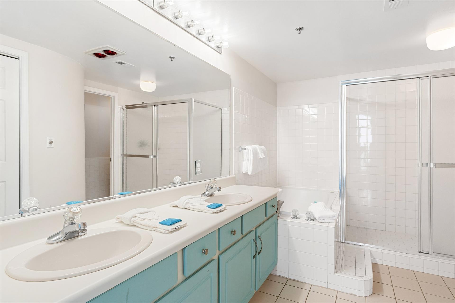Primary Bathroom with Double Vanity, Soaking Tub and Walkin Shower