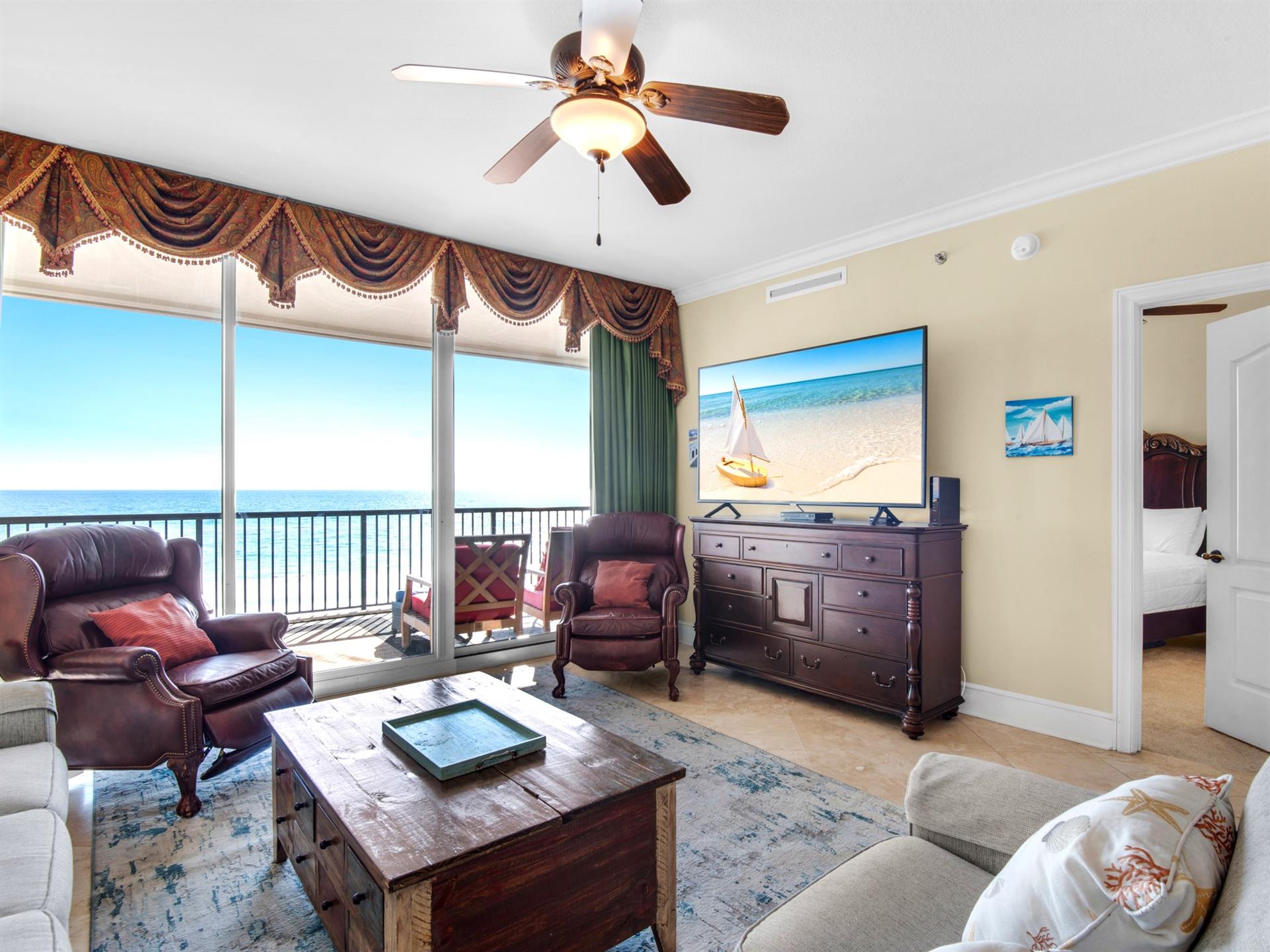 Living area with Gulf View and Large Smart TV