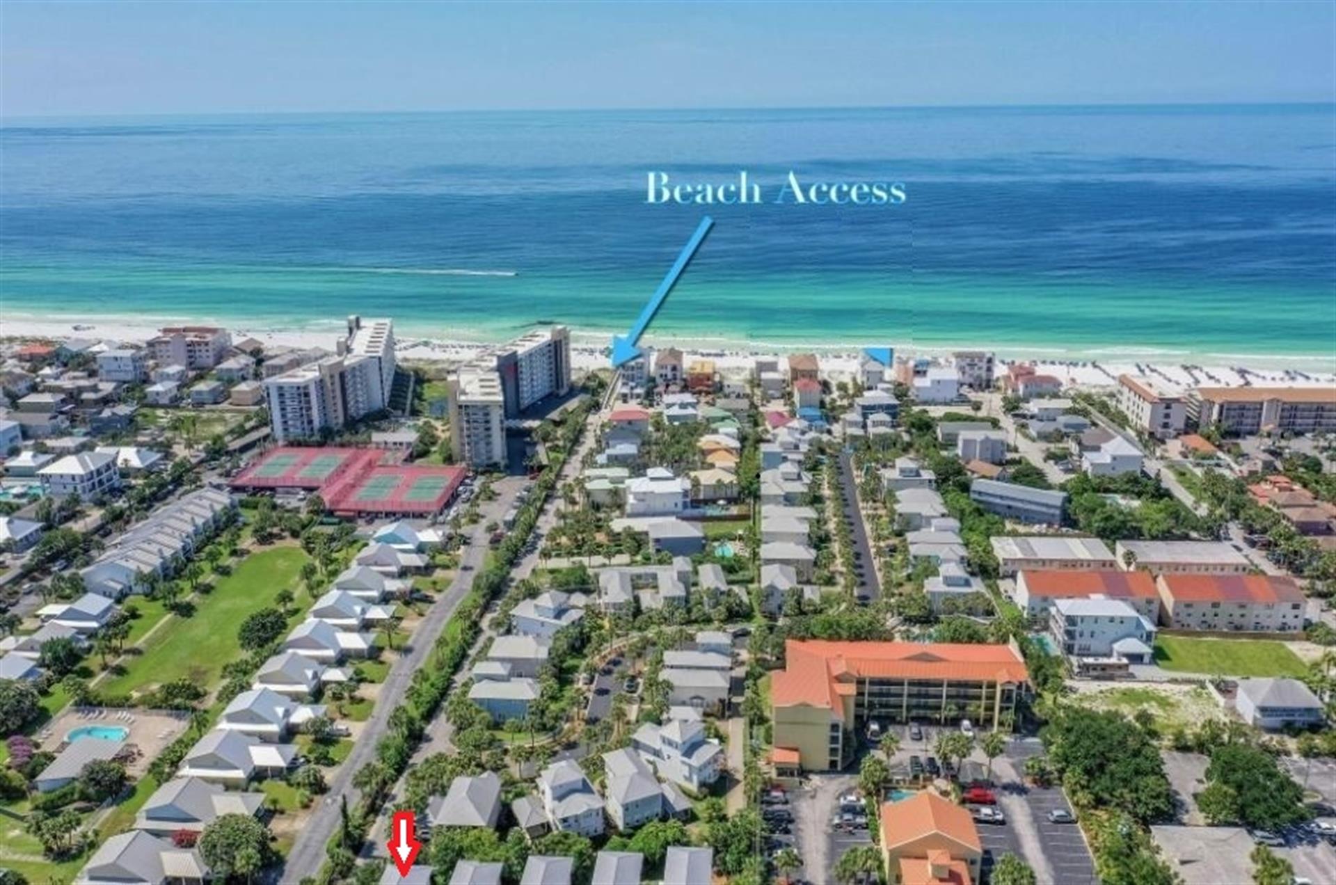Birds eye view of house and beach access