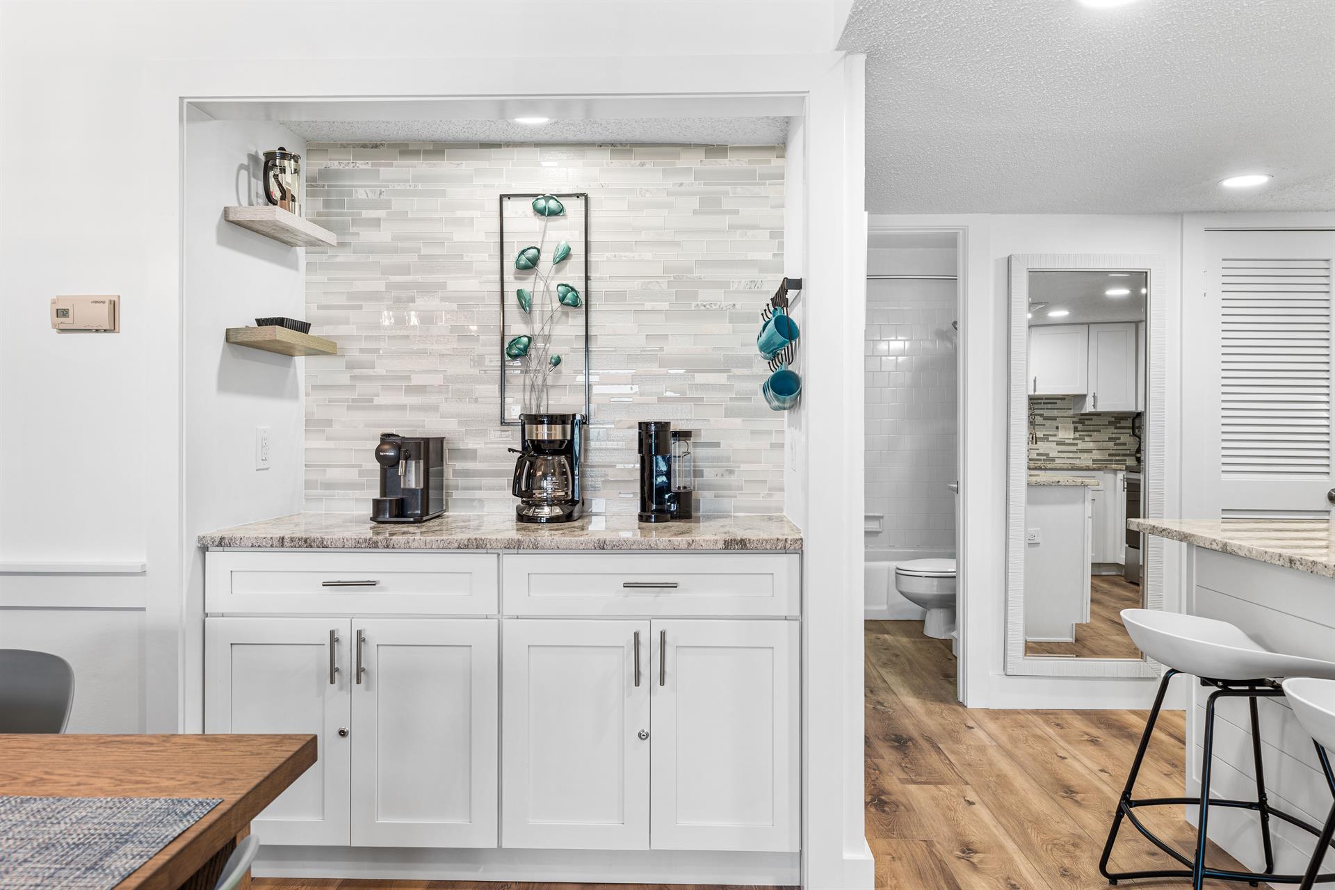 Enjoy morning coffee at the coffee bar with keurig or drip coffe