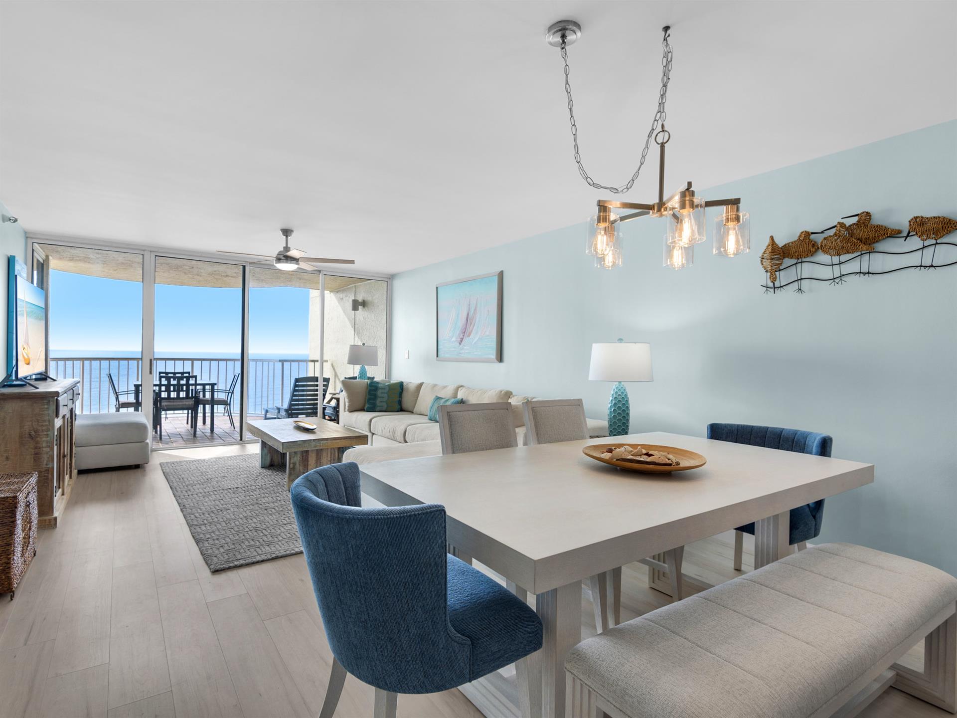 Relax in your bright, coastalinspired living space where ocean blues meet modern comfort, complete with stunning sea views from your private balcony.