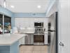 Your bright modern kitchen features stainless steel appliances, crisp white cabinets, and calming blue walls that create a cheerful cooking space.