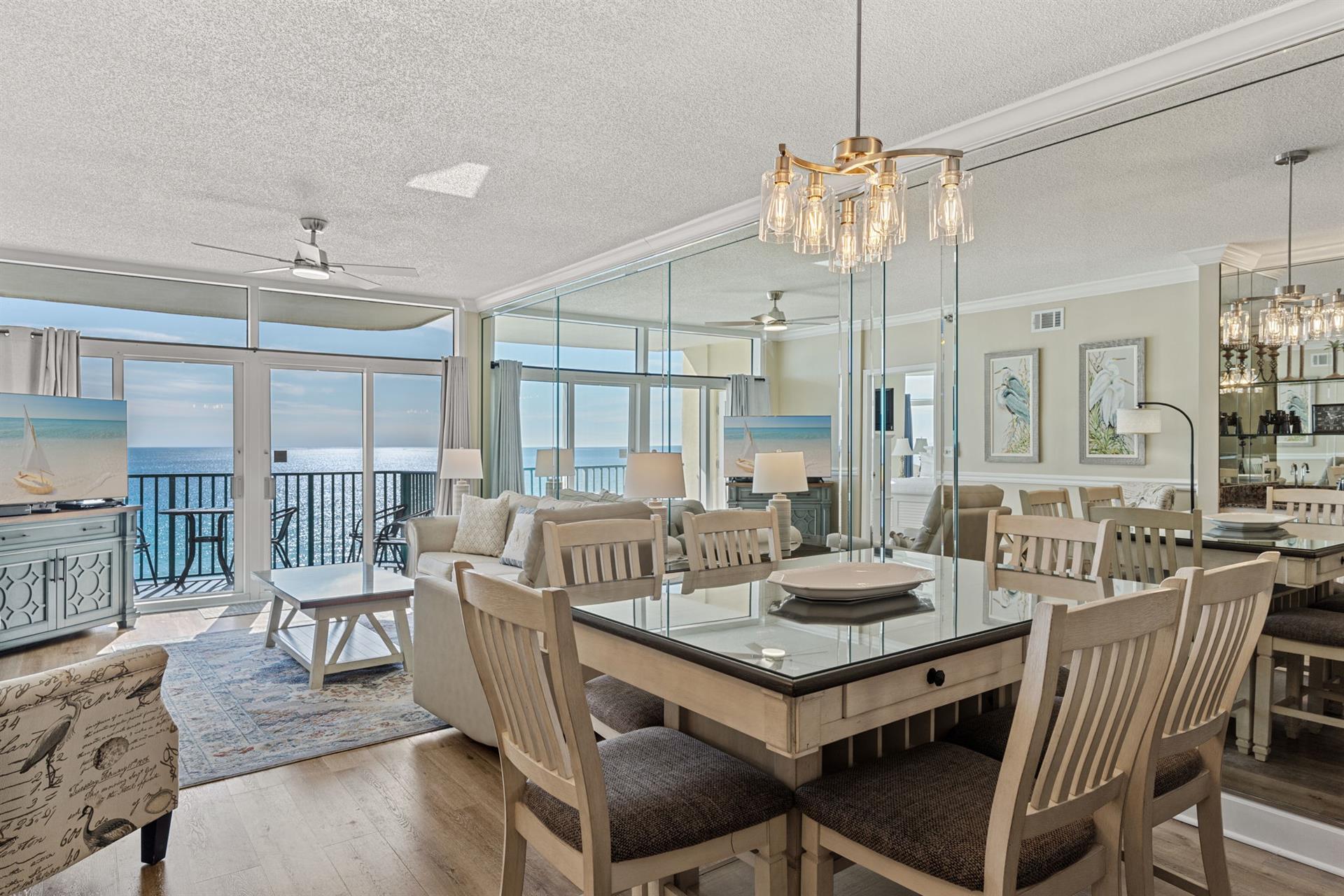A bright, elegant dining space with beach views.