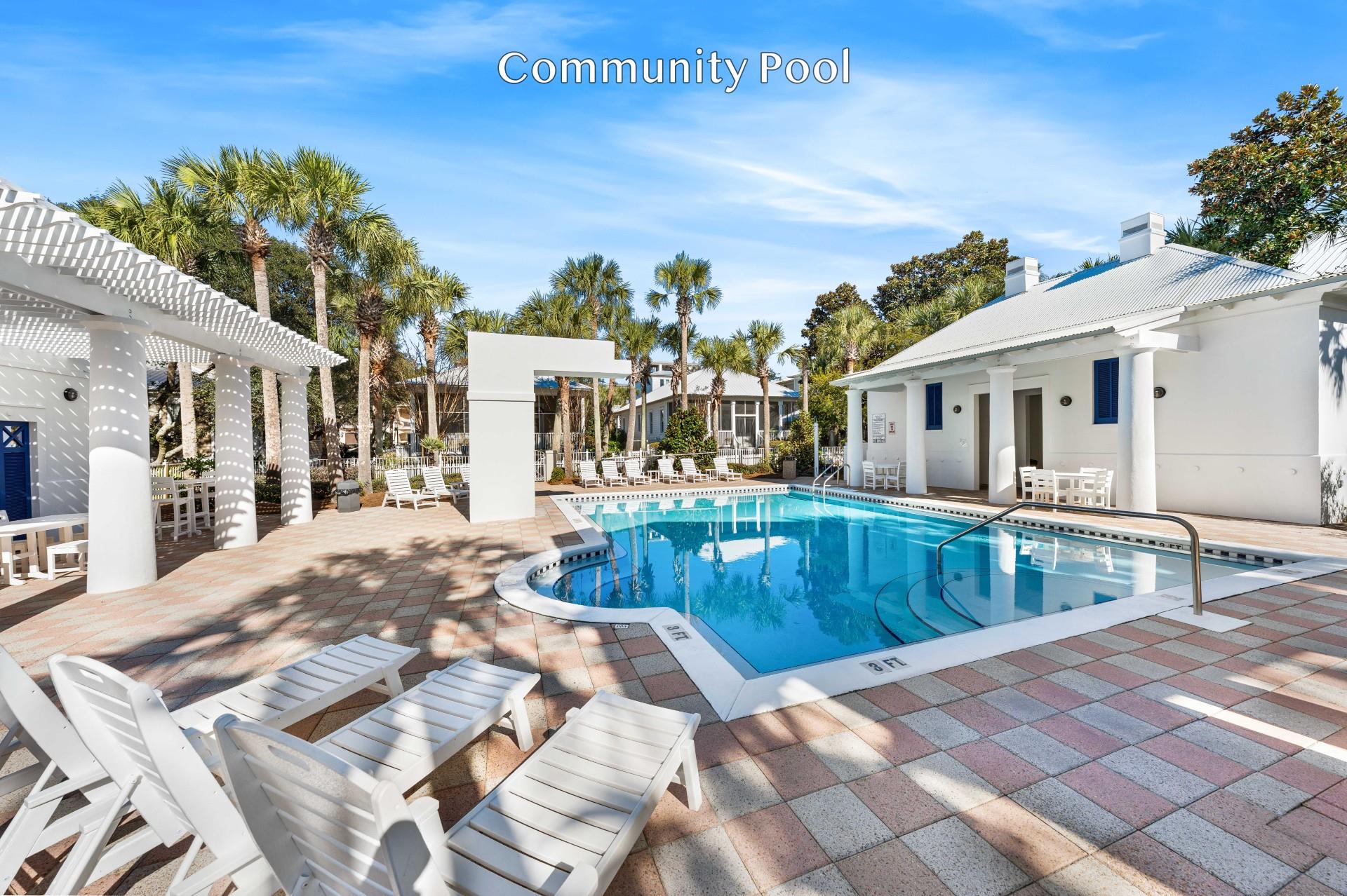 Frangista Community Pool, Plenty of Seating and Lounging areas as well as Mens and Womens Bathrooms.