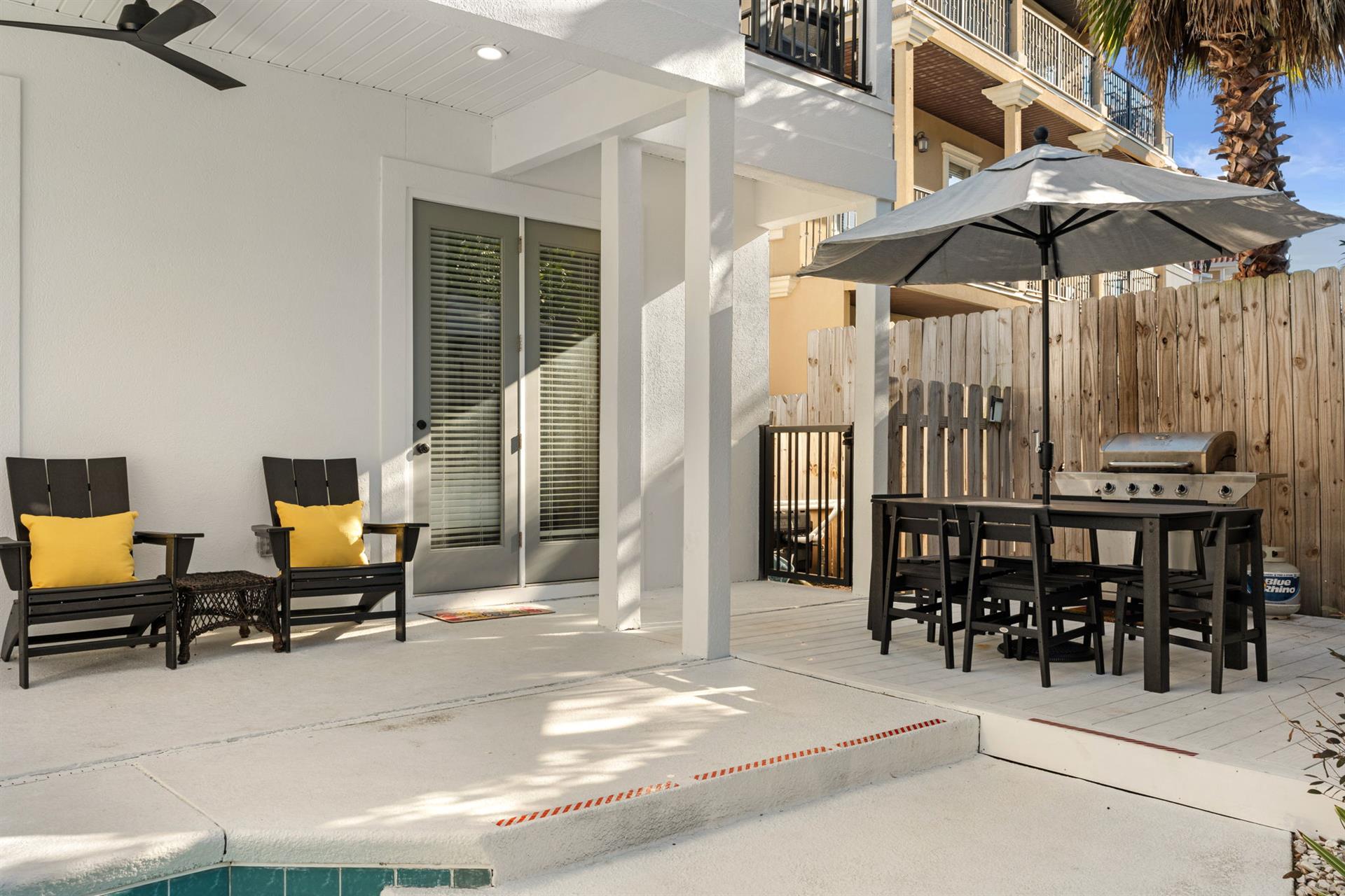 Relax on your private patio with comfortable seating, outdoor dining, and BBQ grill  perfect for morning coffee or sunset dinners.