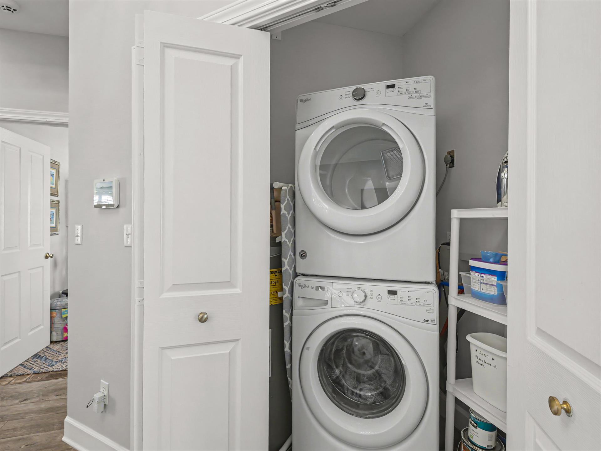 Your private laundry nook keeps you prepared with fullsize washer and dryer, plus smart storage for detergents and supplies.