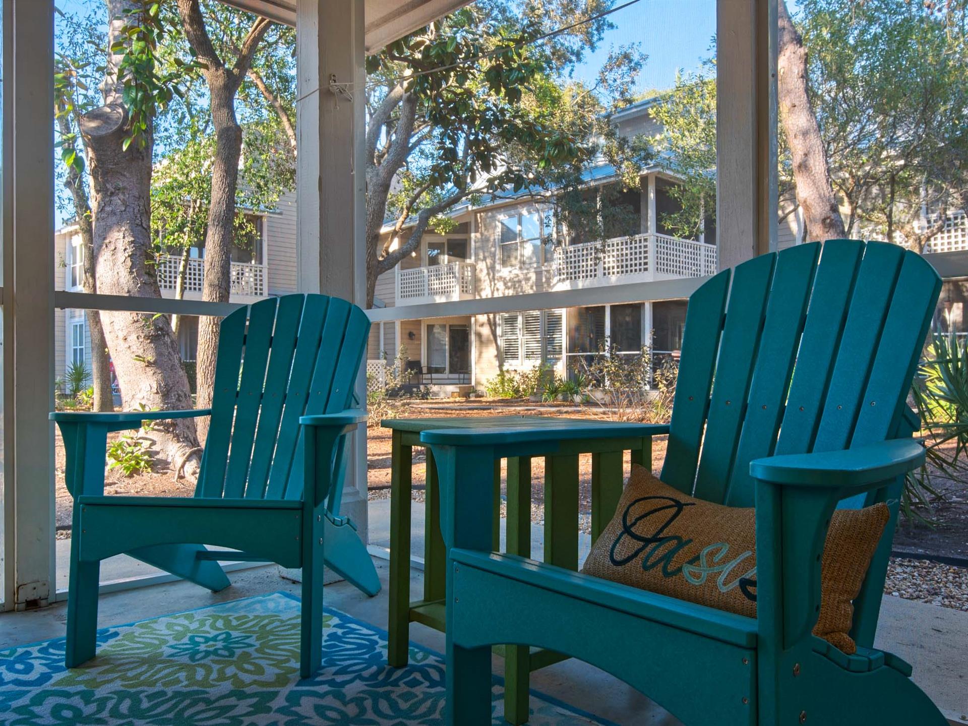 Serene Fountain Views from Screened Porch