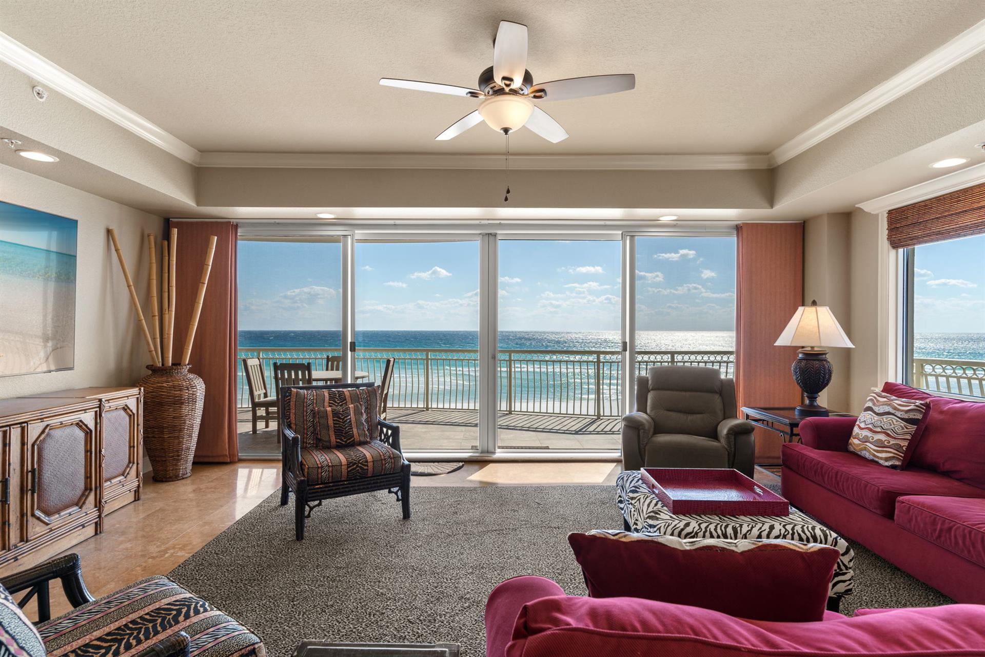 Unwind in your oceanfront living room where floortoceiling windows frame endless sea views and gentle breezes flow through your private balcony.