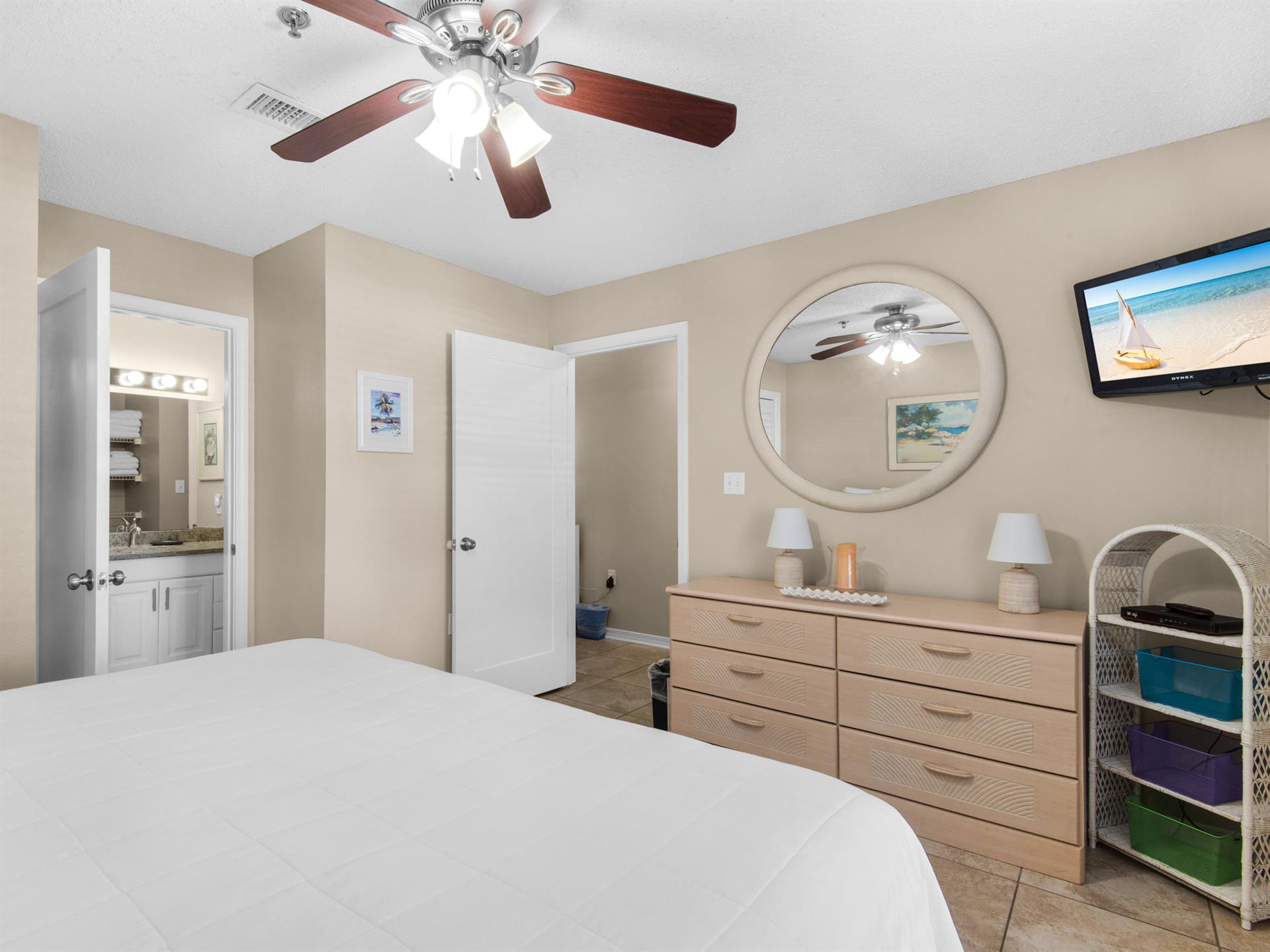 Bedroom 1 with attached bathroom and TV