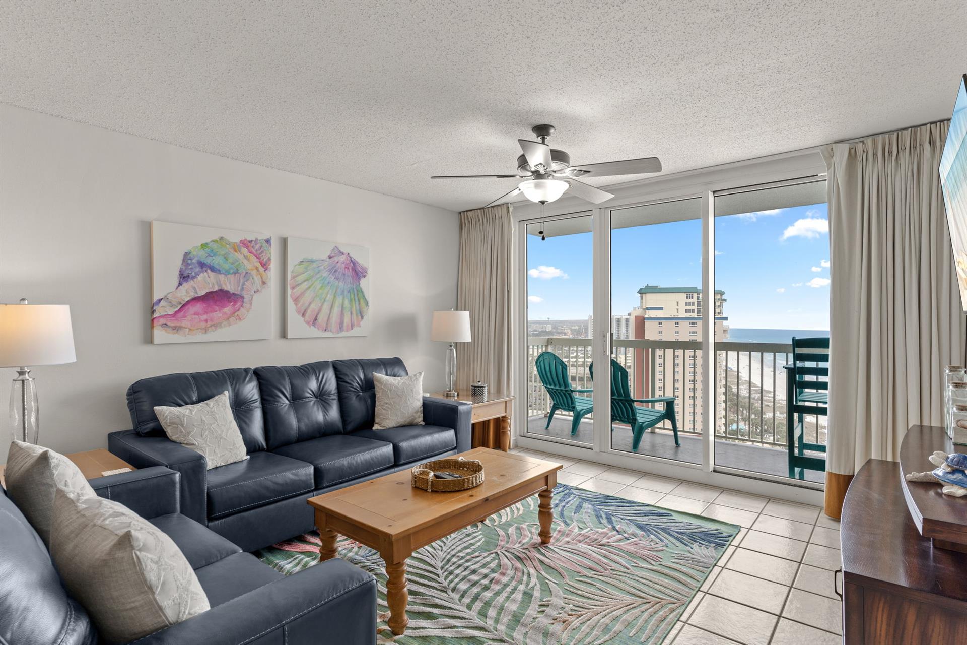 Unwind in the coastal living room with comfortable seating and stunning Gulf views