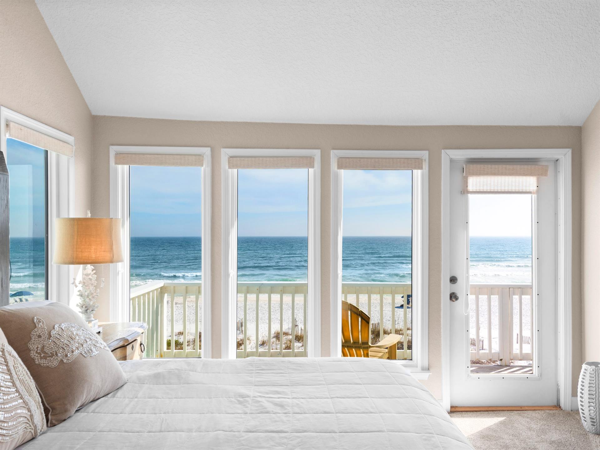 Wake up to endless Gulf views through floortoceiling windows, with the private balcony steps away for morning coffee by the waves.