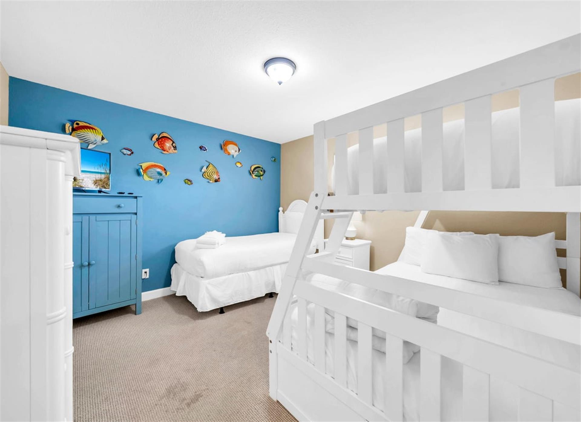 Guest Bedroom with Twin over Full Bunk and Twin Bed