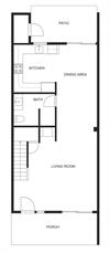 This detailed floor plan shows your vacation rentals thoughtful layout with spacious living room, full kitchen, dining area, and private patio.