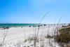 Pristine white sand beach stretches along turquoise waters, with natural dune grasses creating a peaceful coastal setting.