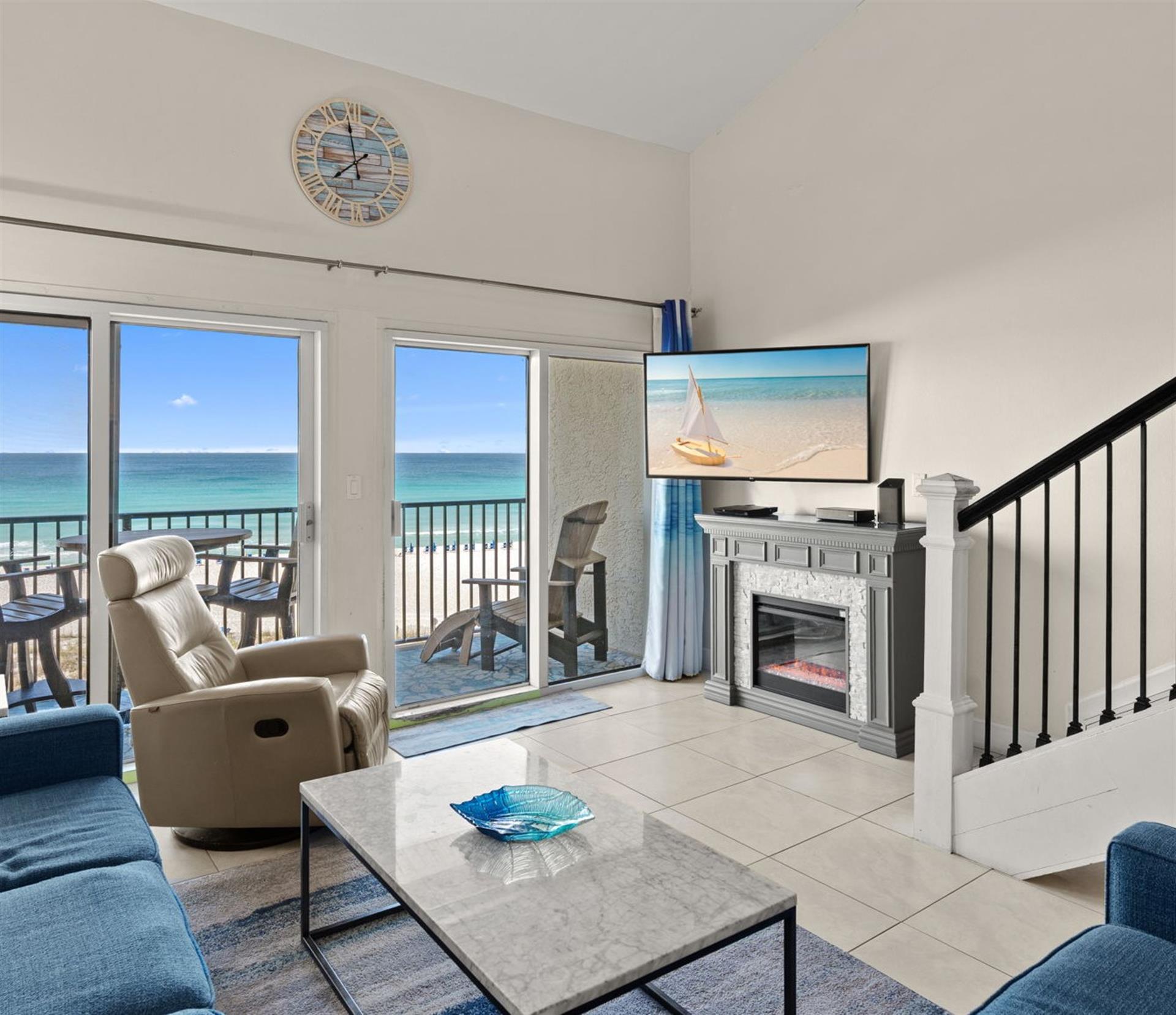 Enjoy the electric fireplace for evening ambiance
