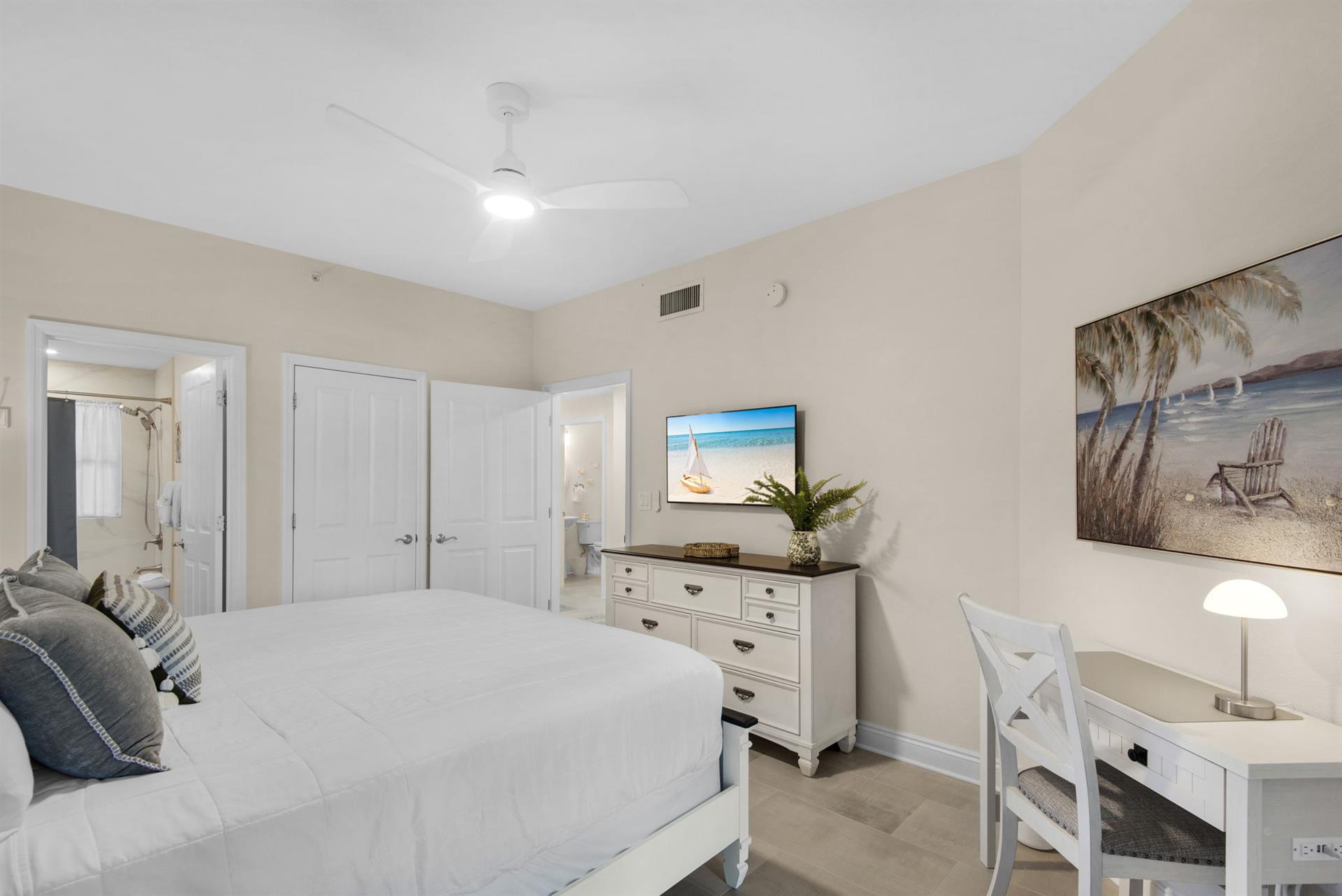 A dedicated workspace helps you catch up effortlessly in this wellappointed guest bedroom