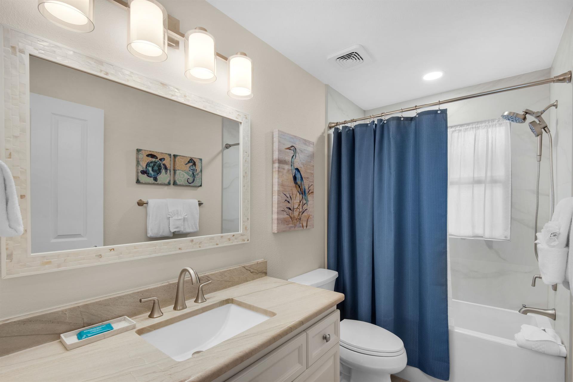 The guest bathroom features a spalike tub and shower combo