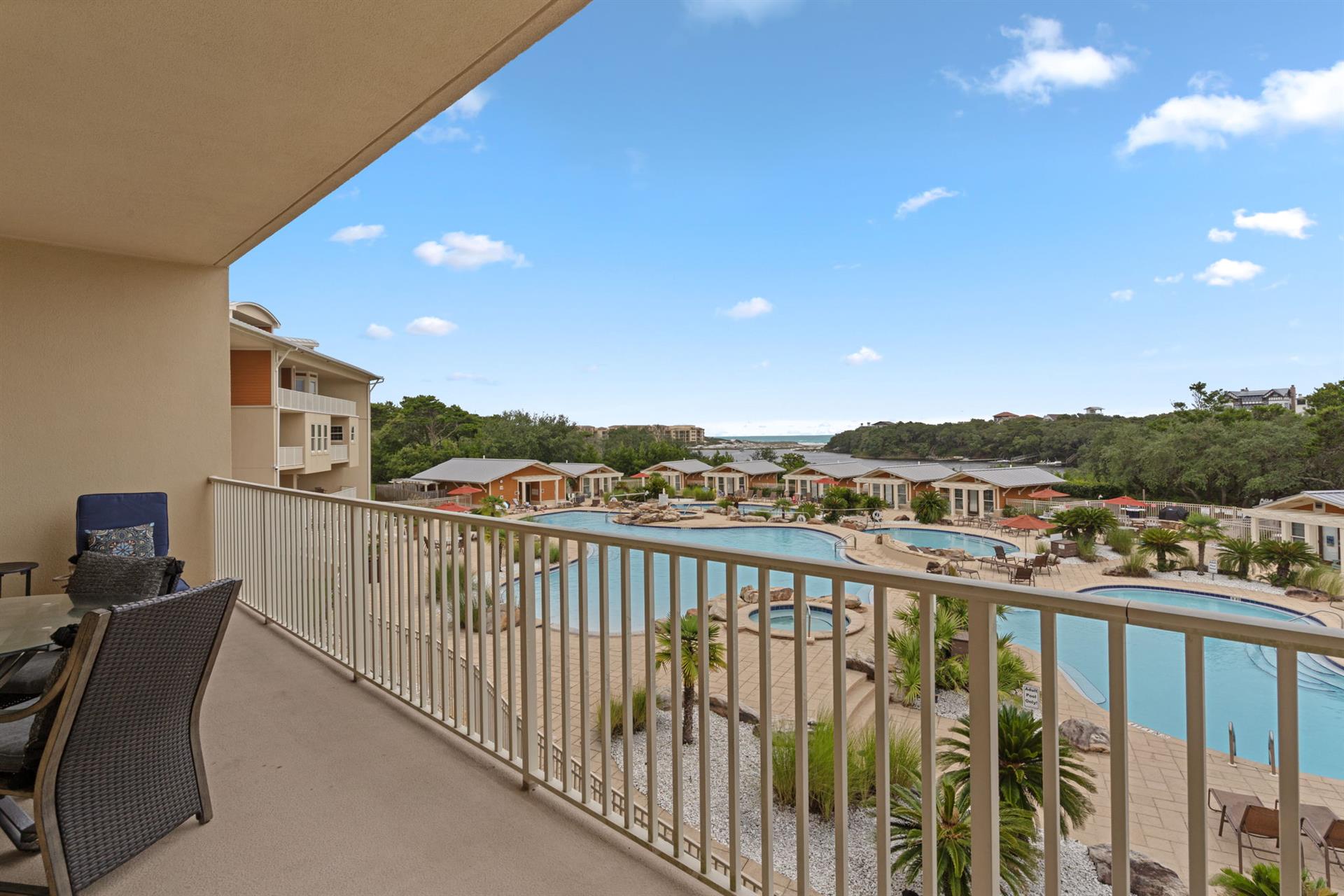 Gorgeous views await from your private balcony overlooking three resortstyle pools, Redfish Lake, and the stunning emerald waters of the Gulf.