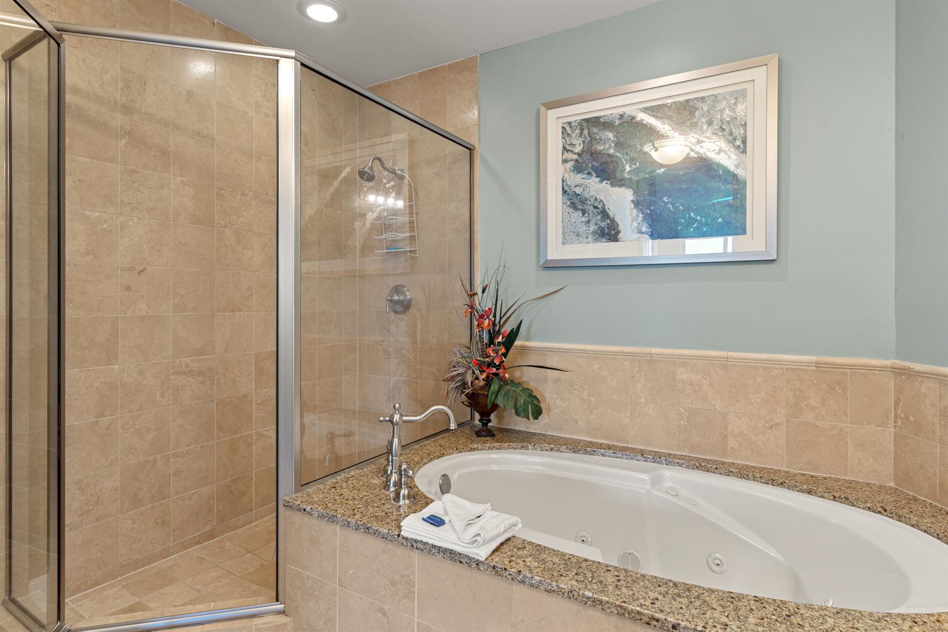 Enjoy a rejuvenating shower or soak in the jetted tub after a day of exploring.